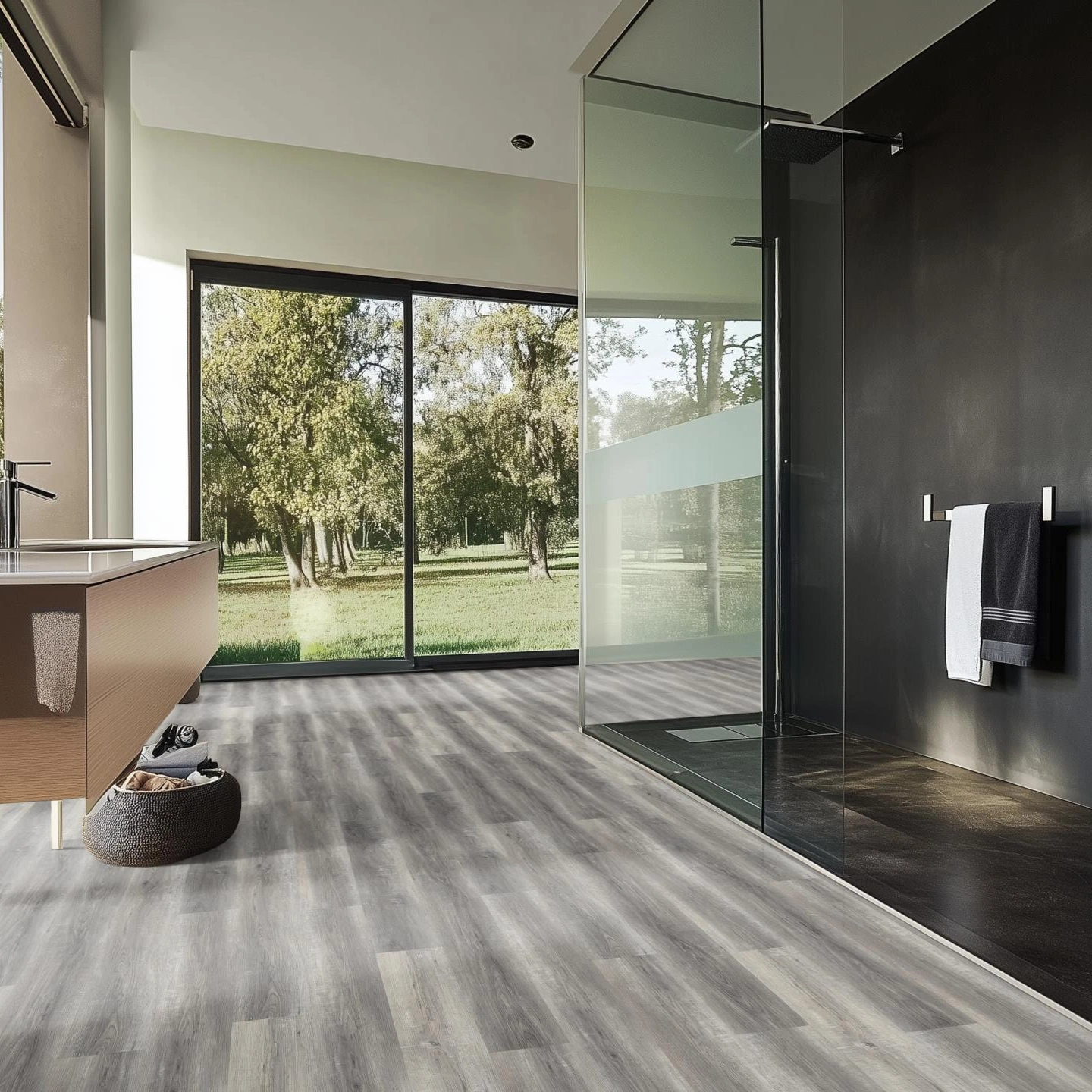Milieubild Modernes Badezimmer mit bodentiefer Dusche - nexflor Rigid Klick-Vinyl Apollo Click Collection Troy Oak Milieubild Modernes Badezimmer mit bodentiefer Dusche - nexflor NXF-60030-004