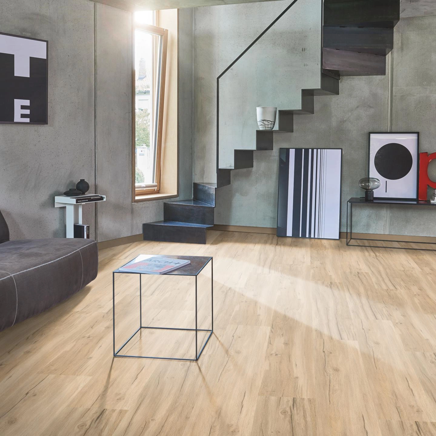 Milieubild Wohnzimmer im modernen Loft-Stil - Parador HDF Klick-Vinyl Basic 30 Eiche Memory geschliffen Milieubild Wohnzimmer im modernen Loft-Stil - Parador 1730621