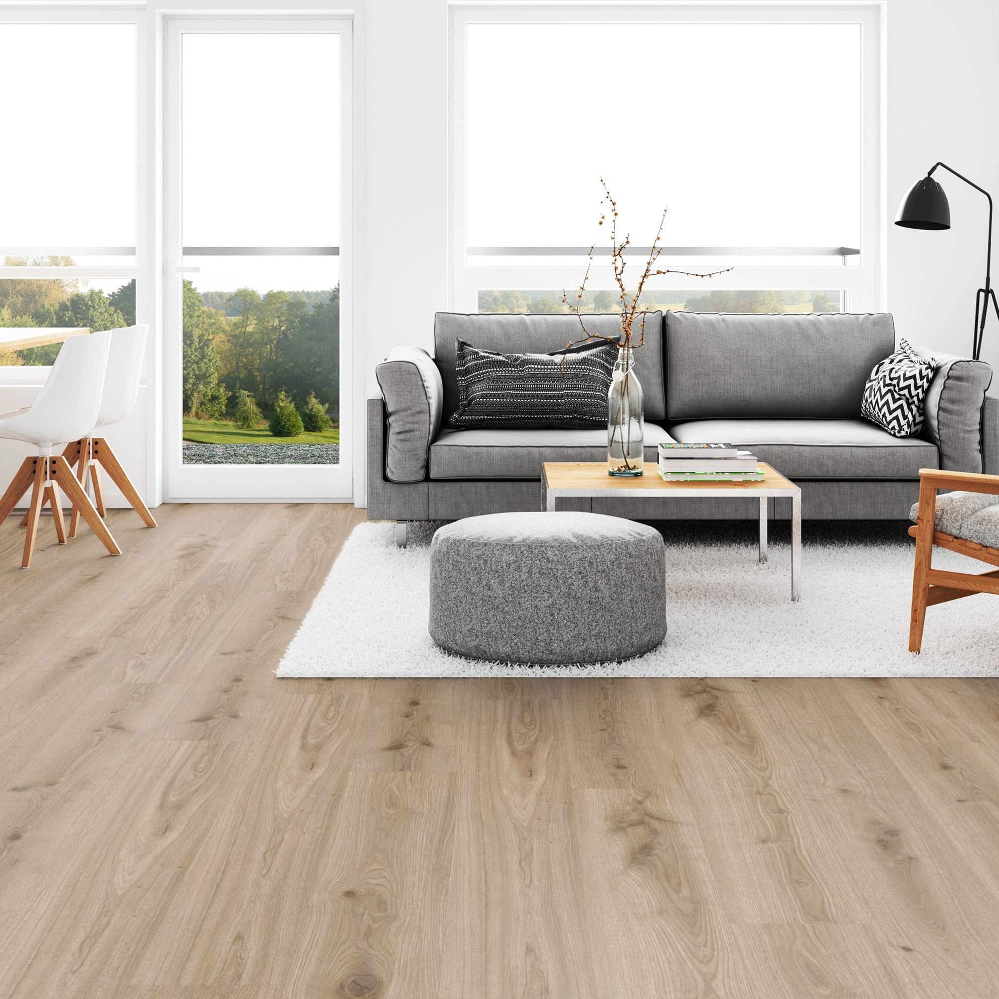 Milieubild Wohnzimmer mit Esszimmer - Tarkett Klebe-Vinyl Essence 55 Primary Oak Light Grey Milieubild Wohnzimmer mit Esszimmer - Tarkett 260053006