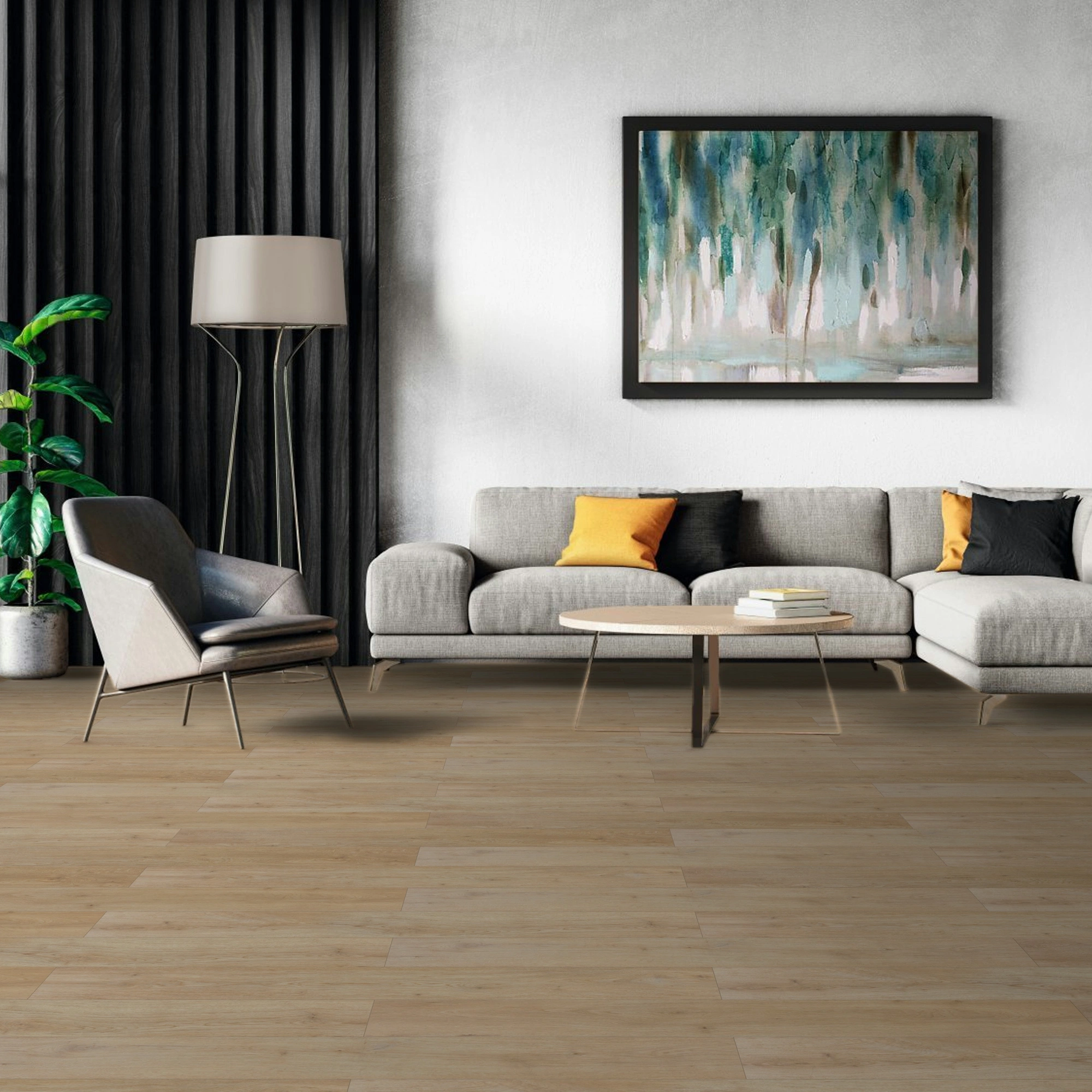 Milieubild Modernes Wohnzimmer mit Sessel und Sofa - BerryAlloc Klebe-Vinyl Zenn Gluedown 55 Faro Milieubild Modernes Wohnzimmer mit Sessel und Sofa - BerryAlloc 60002257