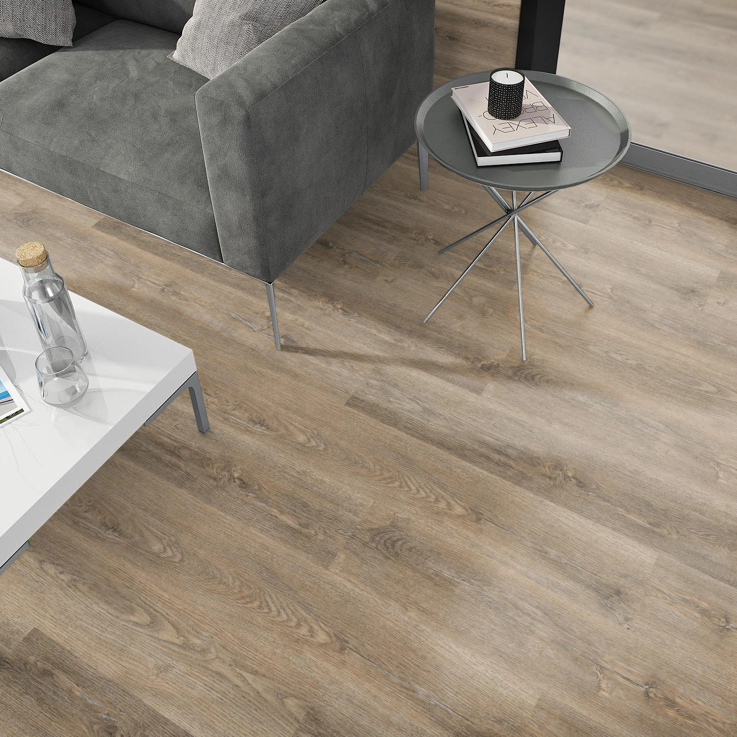 Milieubild Wohnzimmer - Sofa mit Beistelltisch und Glastür - nexflor Rigid Klick-Vinyl Apollo Click Collection Corinth Oak Milieubild Wohnzimmer - Sofa mit Beistelltisch und Glastür - nexflor NXF-60030-003
