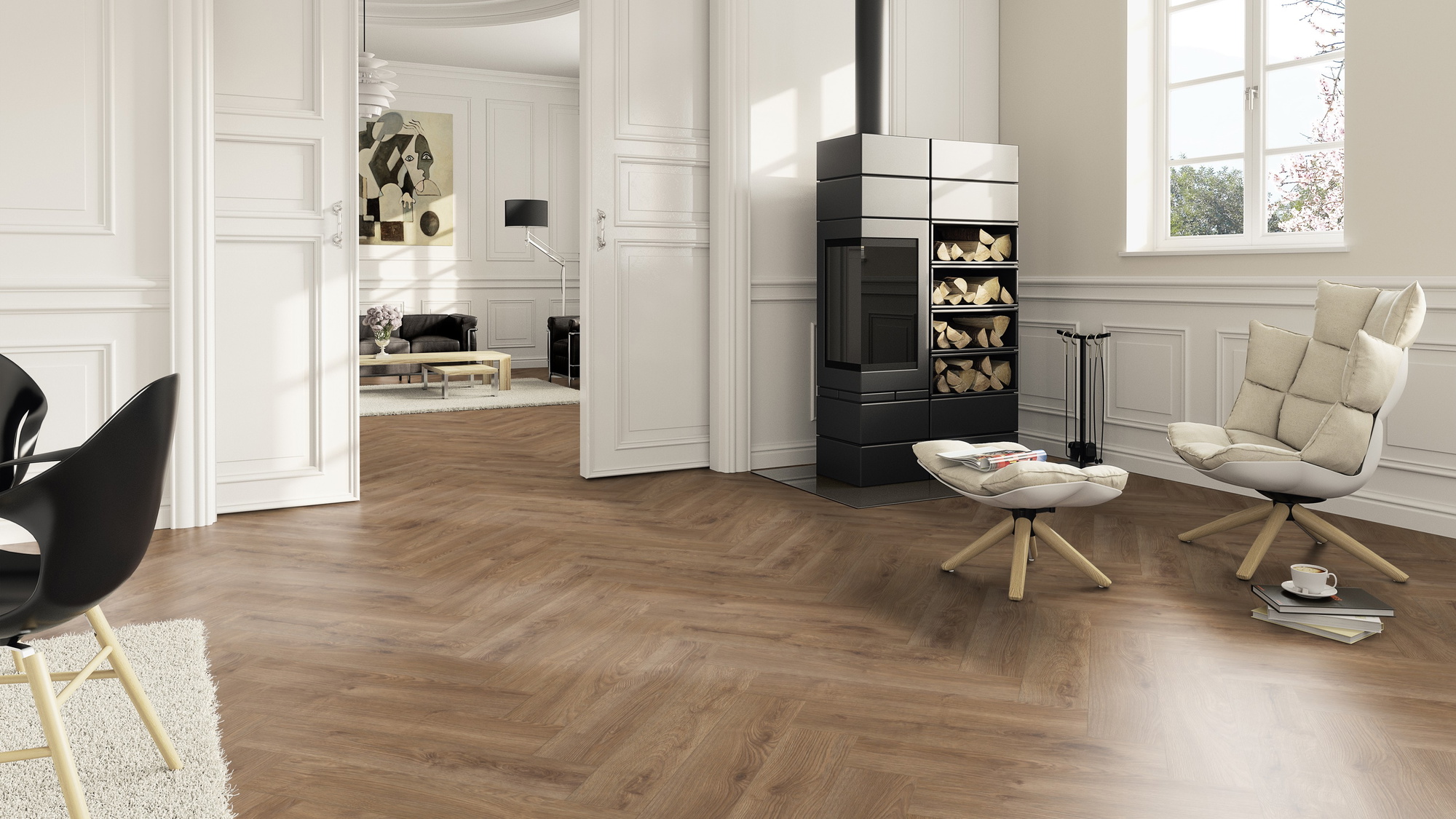 Milieubild Wohnzimmer im Landhaus-Stil mit Kamin - ter Hürne Laminat Herringbone Edition Eiche Lodge Milieubild Wohnzimmer im Landhaus-Stil mit Kamin - ter Hürne 1101021849