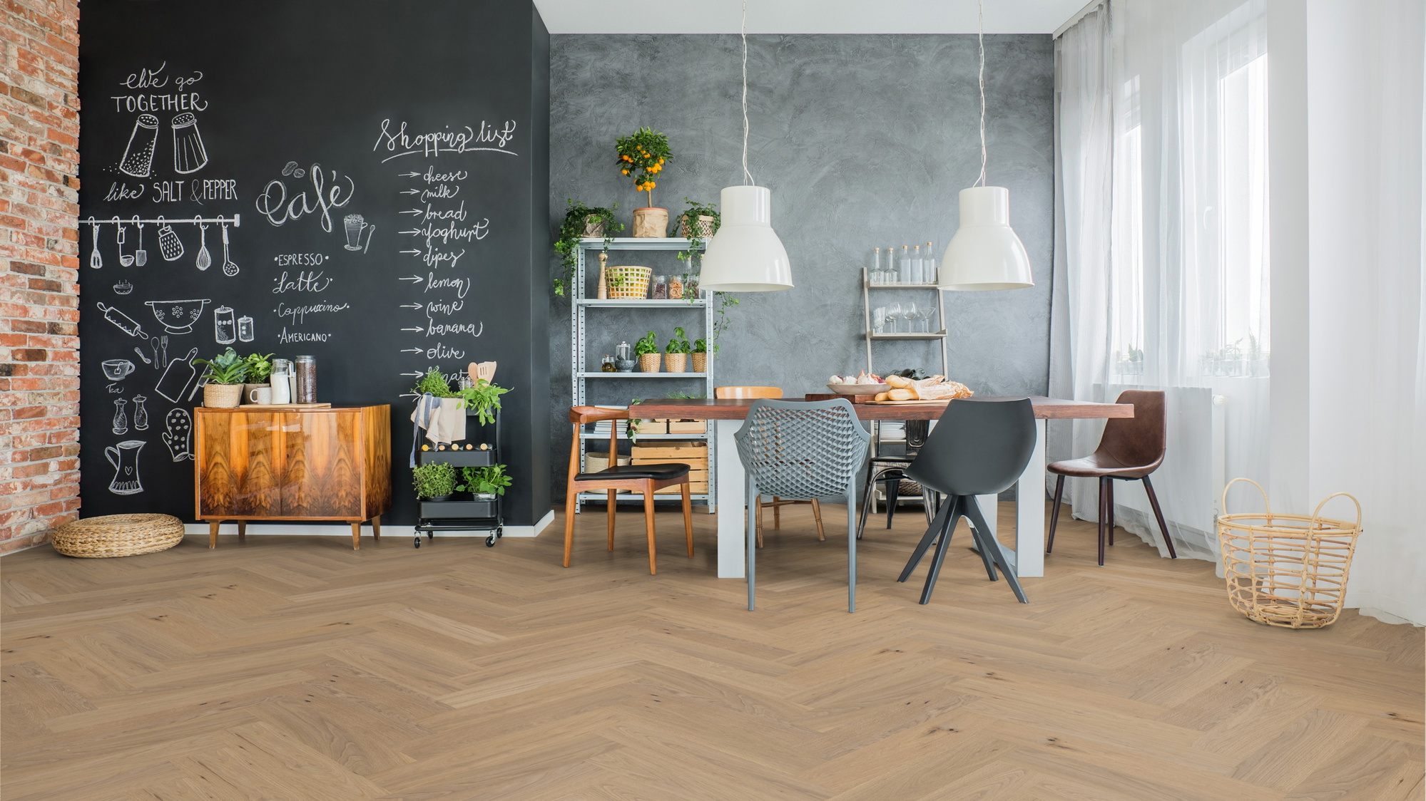 Milieubild Esszimmer mit Wandtafel und Sitzgruppe - Thede & Witte Parkett Maxistab Eiche Rohoptik Milieubild Esszimmer mit Wandtafel und Sitzgruppe - Thede & Witte 52MSÖNF15EI53