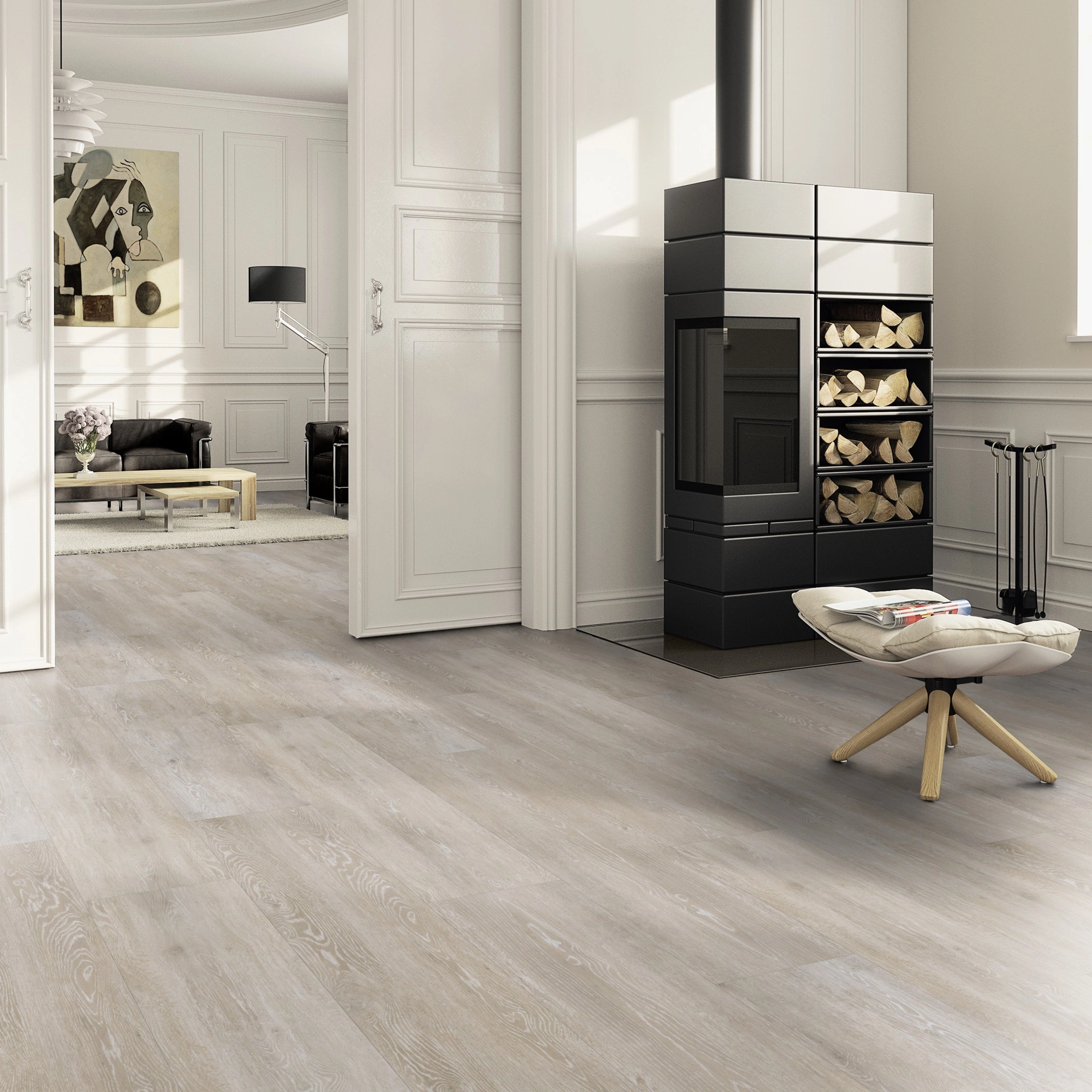Milieubild Wohnzimmer im Landhaus-Stil mit Kamin - ter Hürne Klebe-Vinyl Pro Classic Choice Eiche Viborg Milieubild Wohnzimmer im Landhaus-Stil mit Kamin - ter Hürne 1101210603
