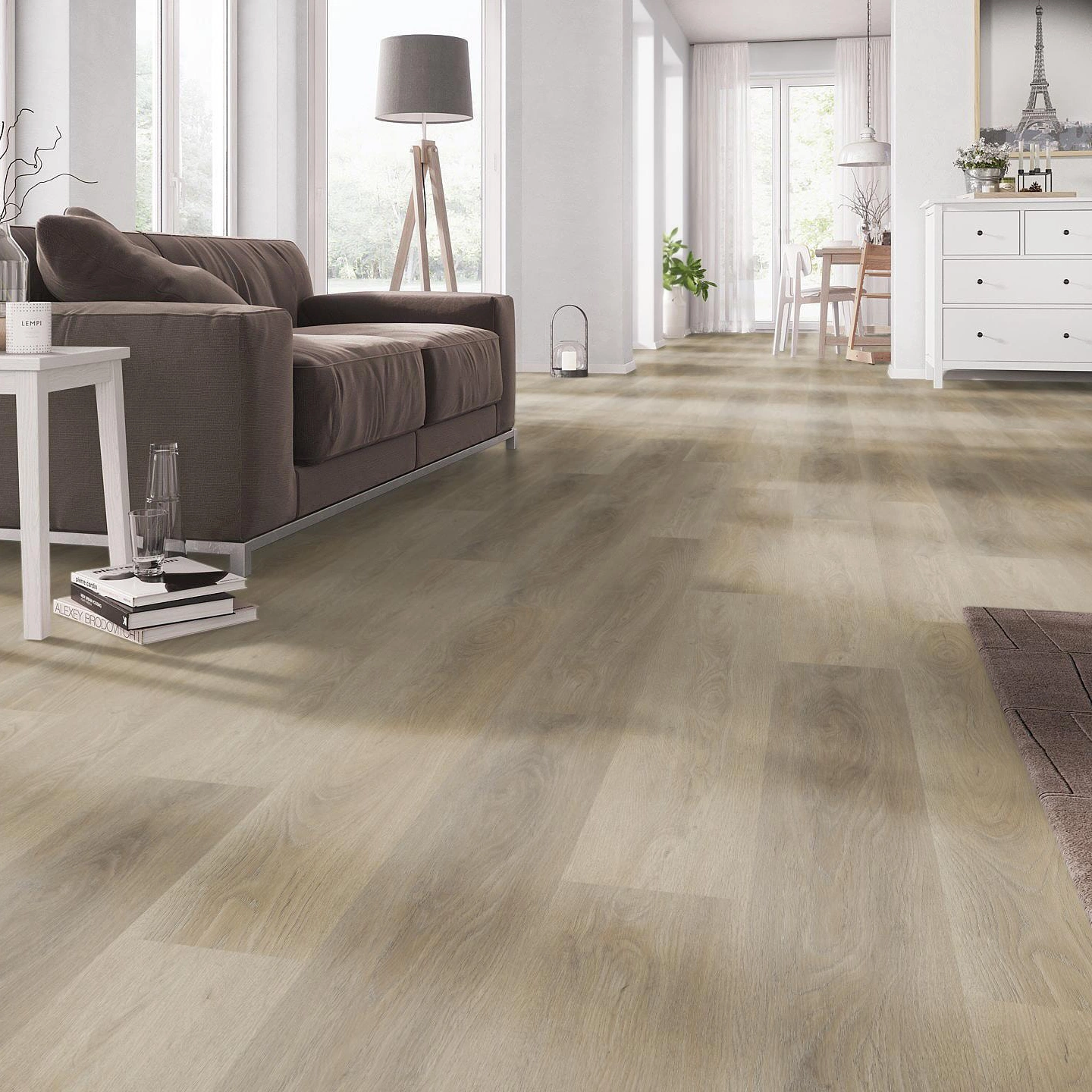 Milieubild Wohnzimmer mit Couch - nexflor Rigid Klick-Vinyl Apollo Click Collection Crete Oak Milieubild Wohnzimmer mit Couch - nexflor NXF-60030-017