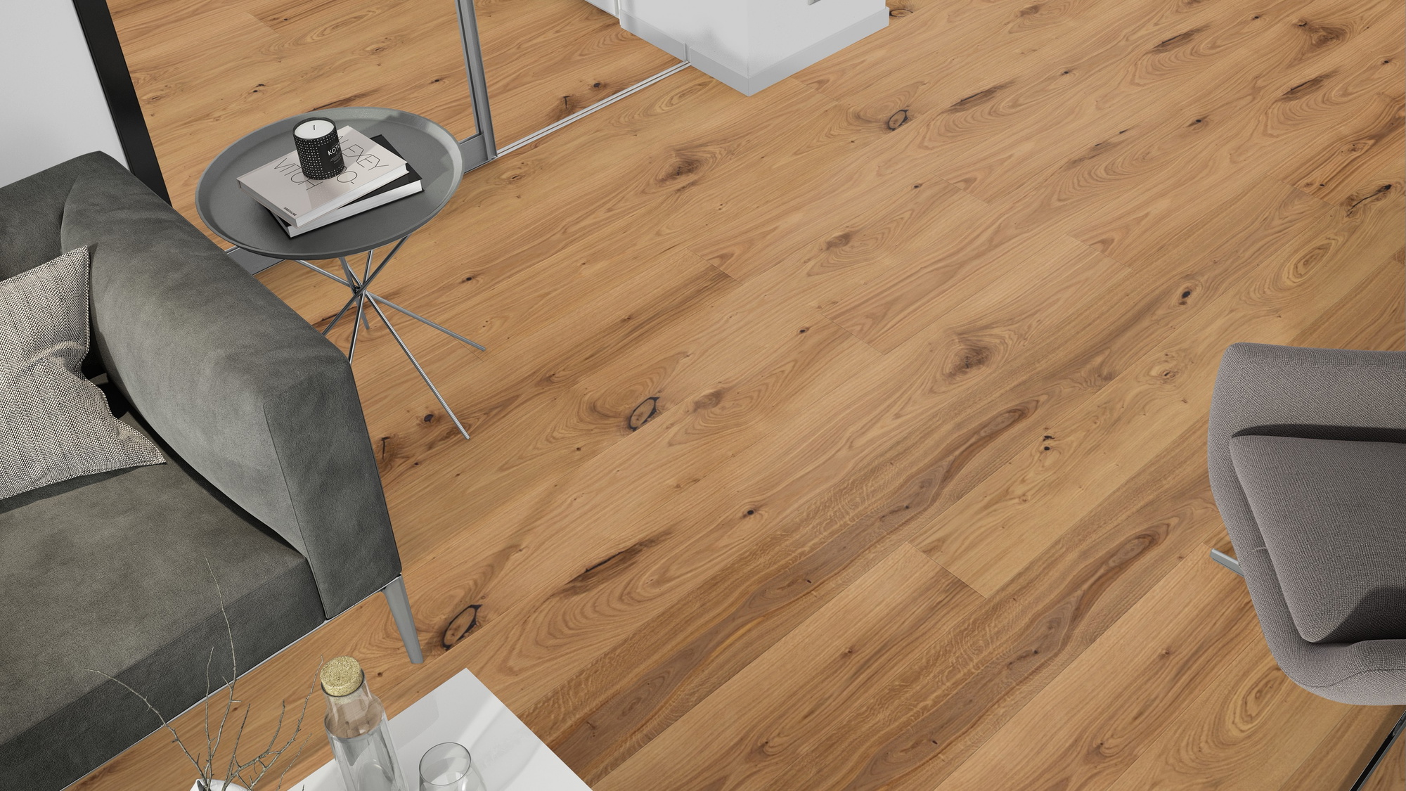 Milieubild Wohnzimmer mit grauem Sofa - Blick von oben - Admonter Parkett FLOORs Eiche Rustic Milieubild Wohnzimmer mit grauem Sofa - Blick von oben - Admonter 106189