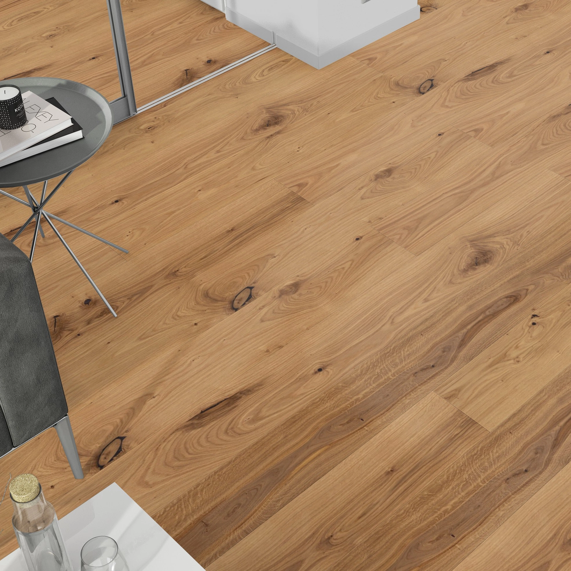 Milieubild Wohnzimmer mit grauem Sofa - Blick von oben - Admonter Parkett FLOORs Eiche Rustic Milieubild Wohnzimmer mit grauem Sofa - Blick von oben - Admonter 106189