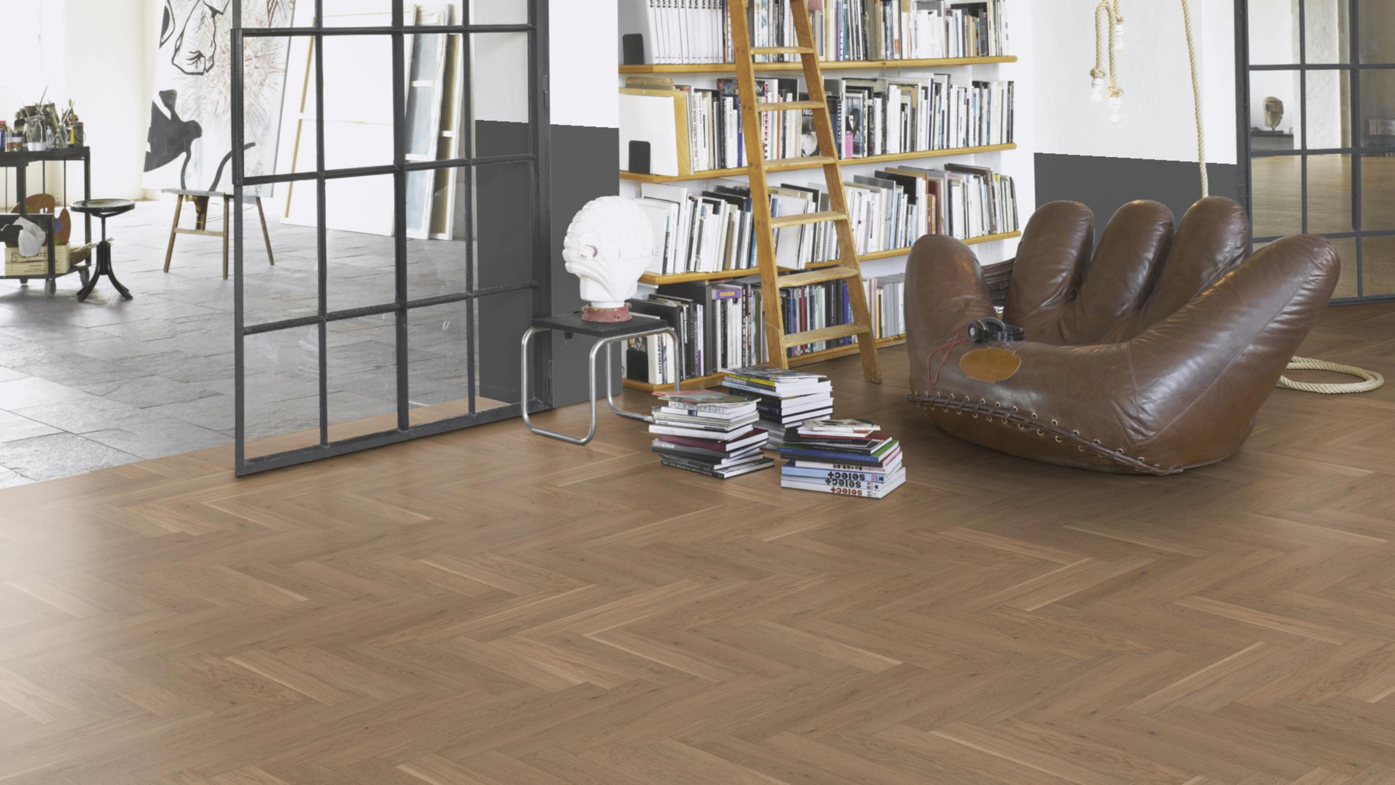Milieubild Modernes Wohnzimmer mit Atelier - Parador Parkett Trendtime 3 Eiche nougat Milieubild Modernes Wohnzimmer mit Atelier - Parador 1739933