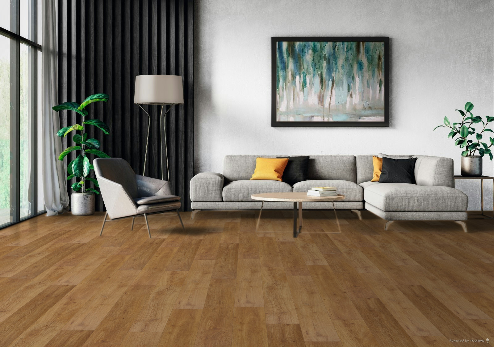 Milieubild Modernes Wohnzimmer mit Sessel und Sofa - BerryAlloc Klebe-Vinyl Zenn Gluedown 30 Caïro Milieubild Modernes Wohnzimmer mit Sessel und Sofa - BerryAlloc 60002223