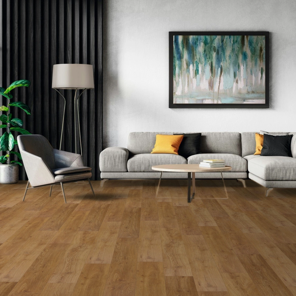 Milieubild Modernes Wohnzimmer mit Sessel und Sofa - BerryAlloc Klebe-Vinyl Zenn Gluedown 30 Caïro Milieubild Modernes Wohnzimmer mit Sessel und Sofa - BerryAlloc 60002223