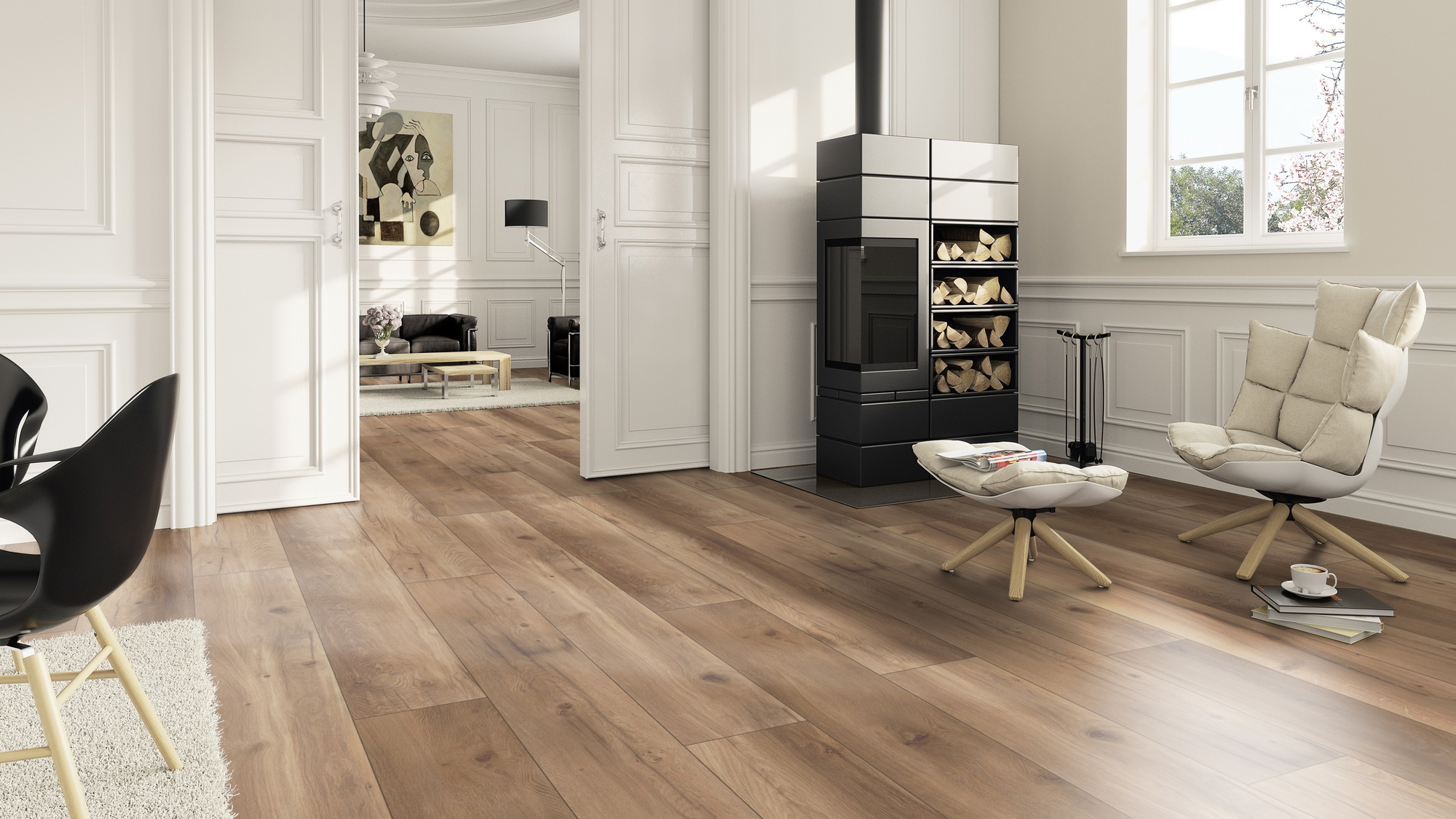 Milieubild Wohnzimmer im Landhaus-Stil mit Kamin - ter Hürne HDF Klick-Designboden Dureco Silent Grand Edition Eiche Mykonos Milieubild Wohnzimmer im Landhaus-Stil mit Kamin - ter Hürne 1101330012