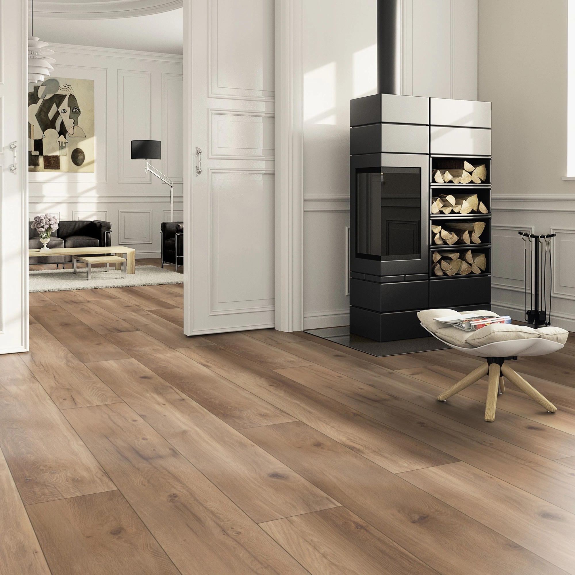 Milieubild Wohnzimmer im Landhaus-Stil mit Kamin - ter Hürne HDF Klick-Designboden Dureco Silent Grand Edition Eiche Mykonos Milieubild Wohnzimmer im Landhaus-Stil mit Kamin - ter Hürne 1101330012