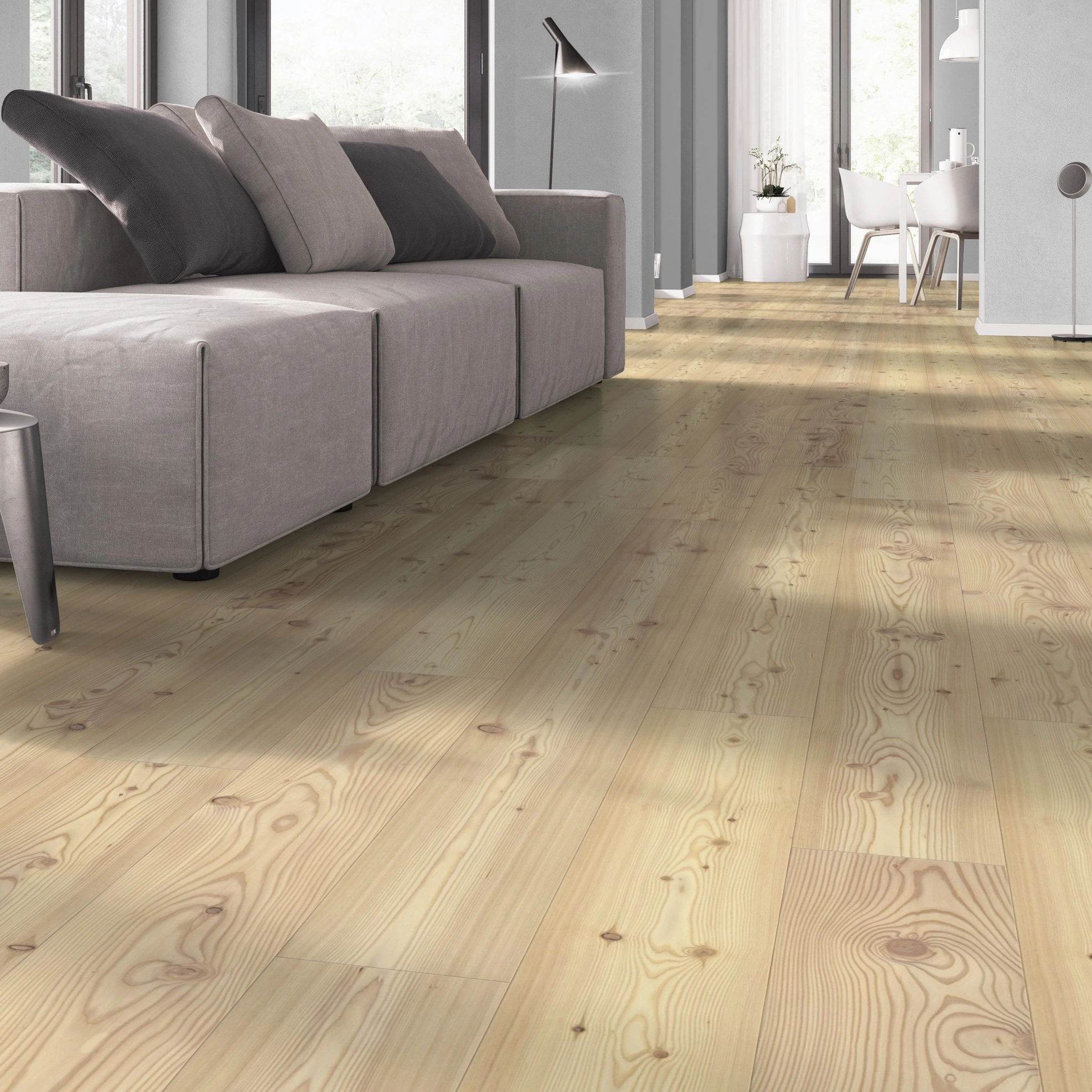 Milieubild Wohnzimmer mit Sofa - bodentiefe Perspektive - Admonter Parkett Stammbaum Kollektion Lärche weiß Milieubild Wohnzimmer mit Sofa - bodentiefe Perspektive - Admonter 118436