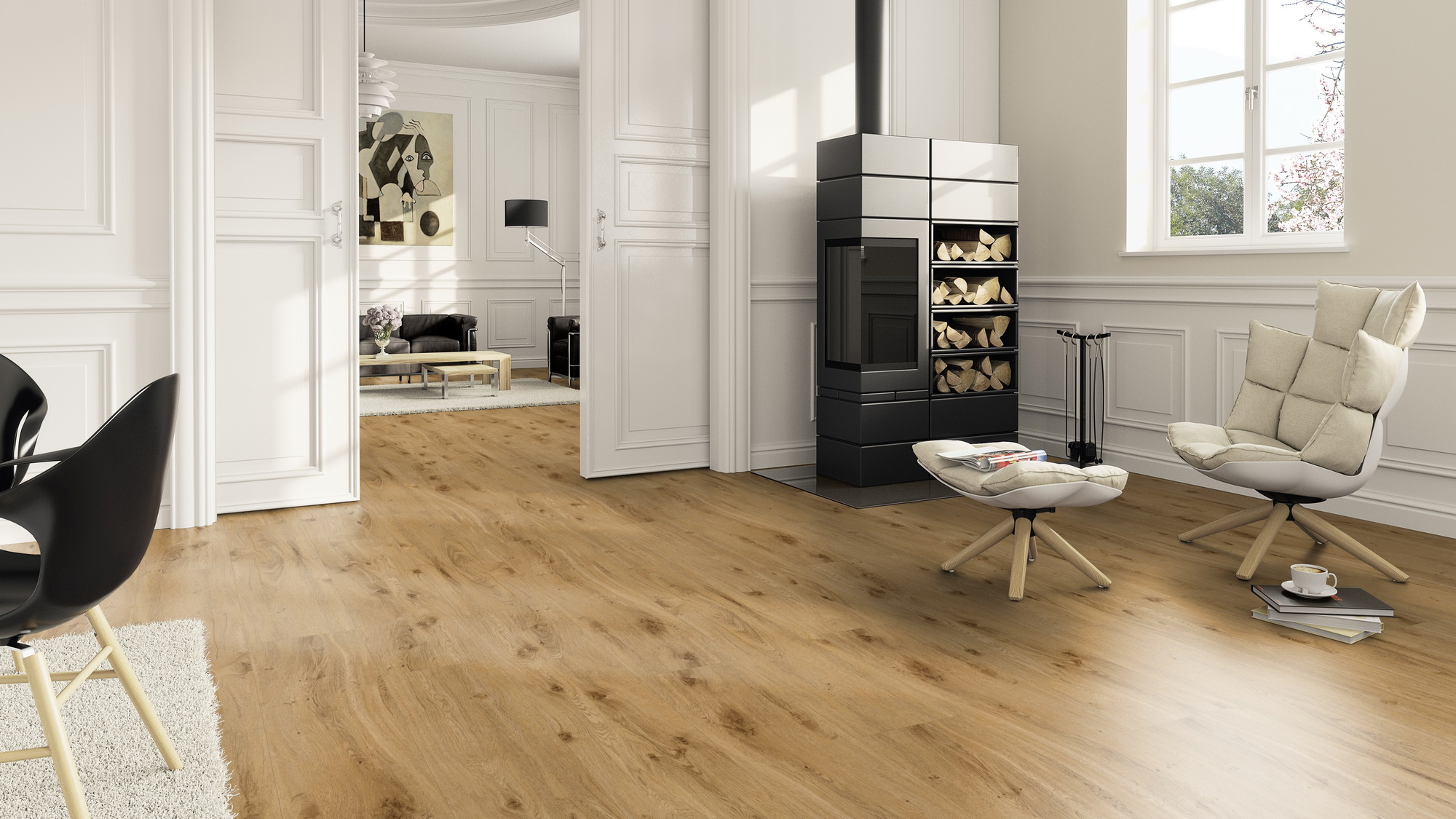 Milieubild Wohnzimmer im Landhaus-Stil mit Kamin - ter Hürne Klebe-Vinyl Pro Classic Choice Eiche York Milieubild Wohnzimmer im Landhaus-Stil mit Kamin - ter Hürne 1101210600