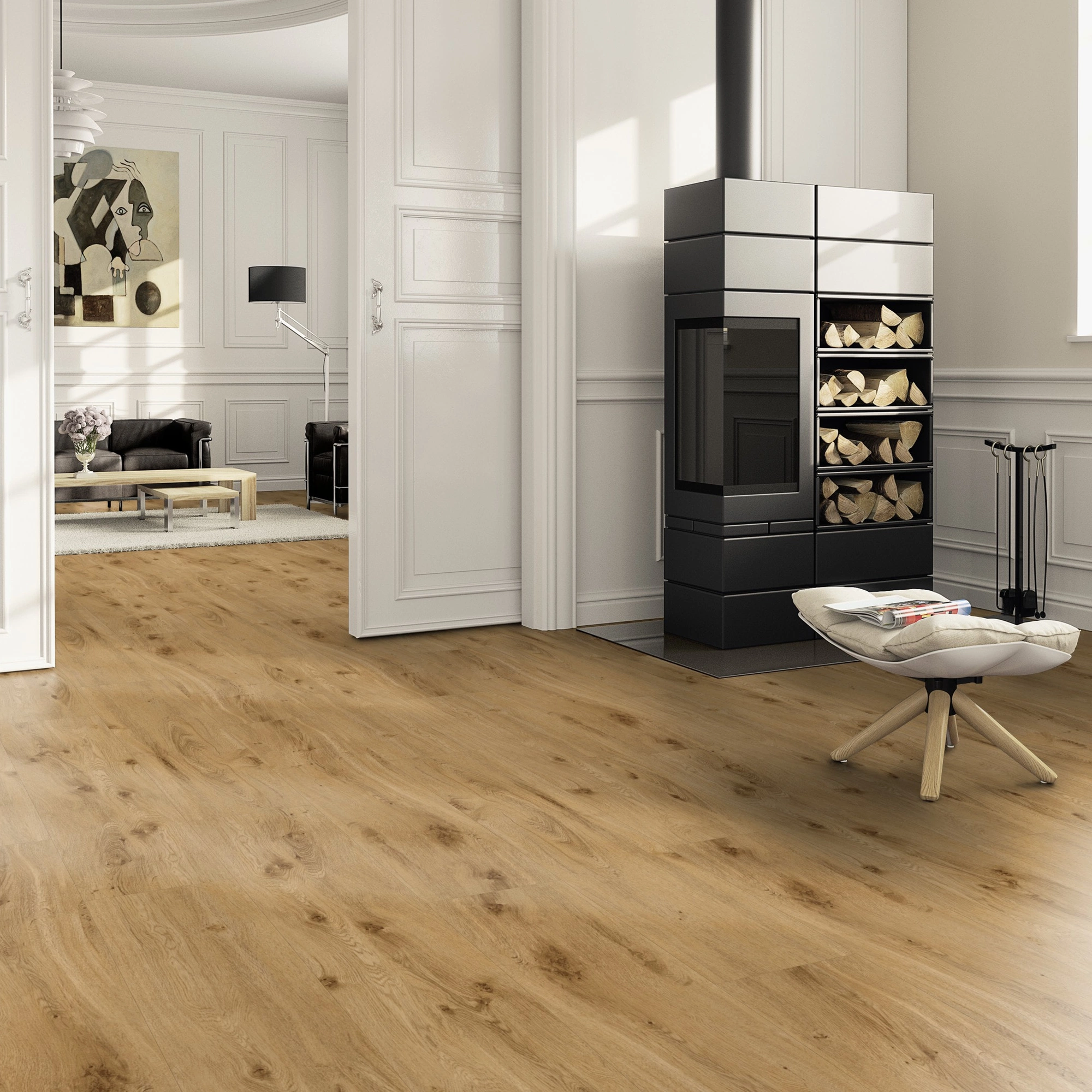 Milieubild Wohnzimmer im Landhaus-Stil mit Kamin - ter Hürne Klebe-Vinyl Pro Classic Choice Eiche York Milieubild Wohnzimmer im Landhaus-Stil mit Kamin - ter Hürne 1101210600