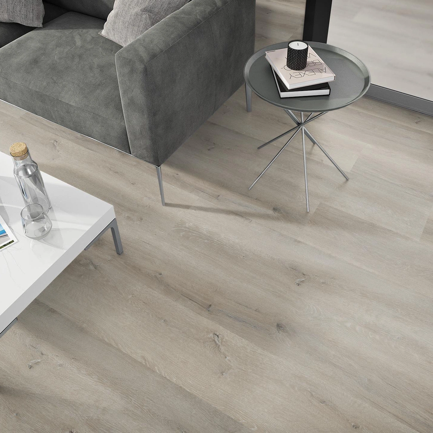 Milieubild Wohnzimmer - Sofa mit Beistelltisch und Glastür - nexflor Rigid Klick-Vinyl Helios Click Collection Teos Oak Milieubild Wohnzimmer - Sofa mit Beistelltisch und Glastür - nexflor NXF-20030-004
