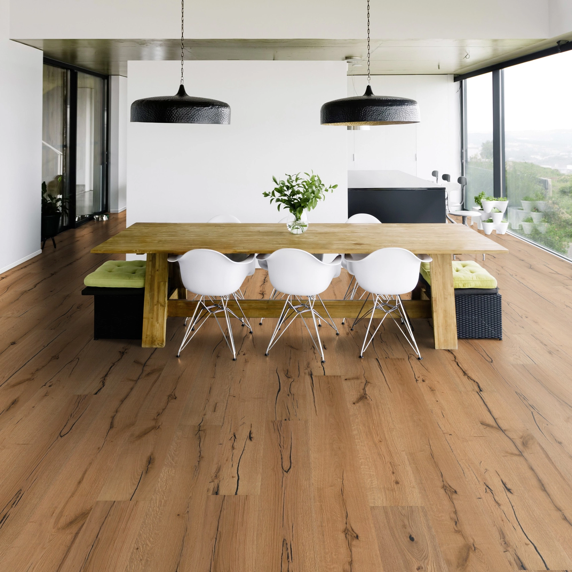 Milieubild Modernes Esszimmer mit Blick in die Natur - Bennett & Jones Parkett Britain's Finest Oak No.110 Keele Milieubild Modernes Esszimmer mit Blick in die Natur - Bennett & Jones 1148010110