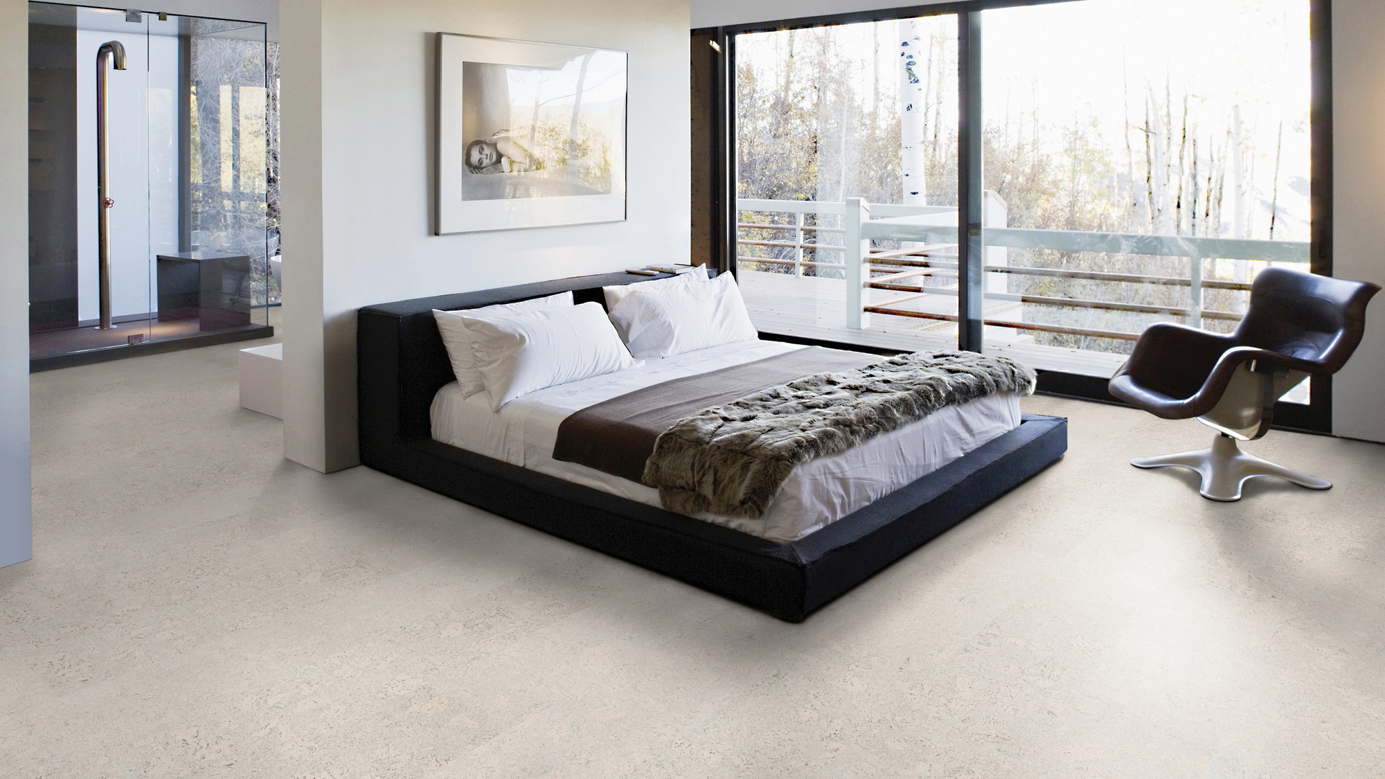 Milieubild Schlafzimmer mit Balkon - Wicanders Wise HDF Klick-Korkboden cork Essence Personality Moonlight Milieubild Schlafzimmer mit Balkon - Wicanders Wise 80002260