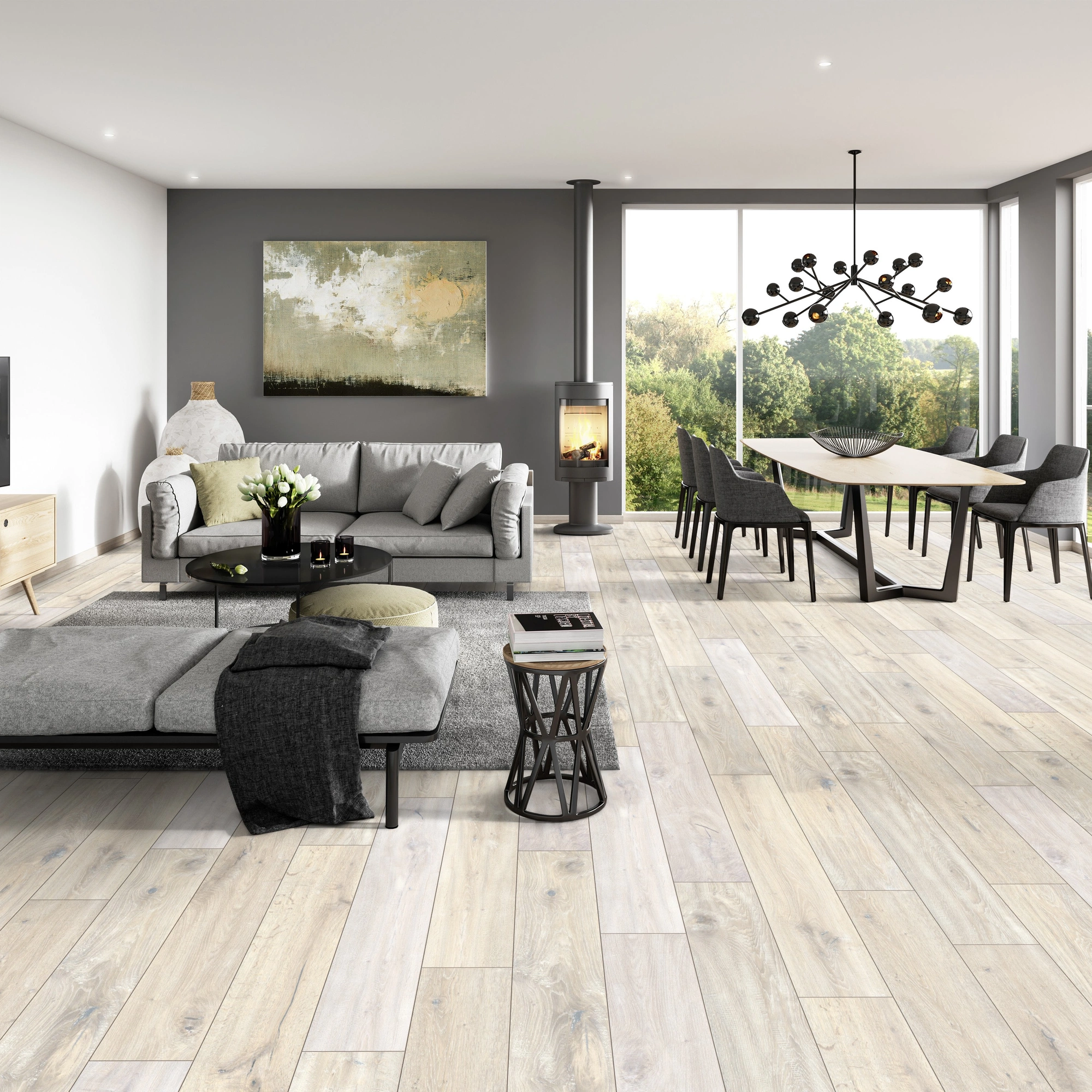 Milieubild Modernes Wohnzimmer mit Essbereich - ter Hürne Laminat Classic Edition Eiche Ice Factory Milieubild Modernes Wohnzimmer mit Essbereich - ter Hürne 1101021836