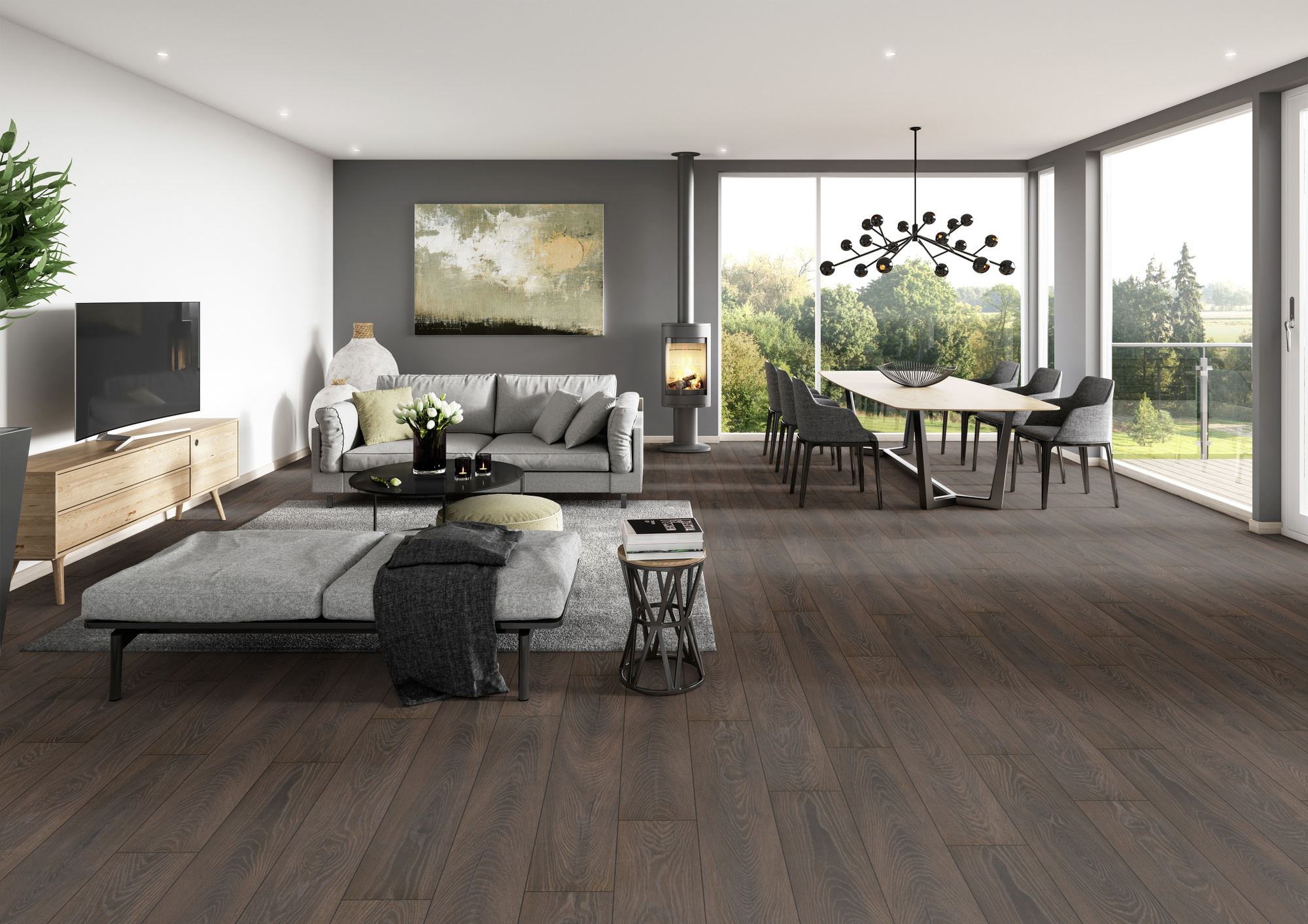 Milieubild Modernes Wohnzimmer mit Essbereich - ter Hürne Klick-Designboden Dureco Strong Classic Edition Eiche Cocoa Milieubild Modernes Wohnzimmer mit Essbereich - ter Hürne 1101260049