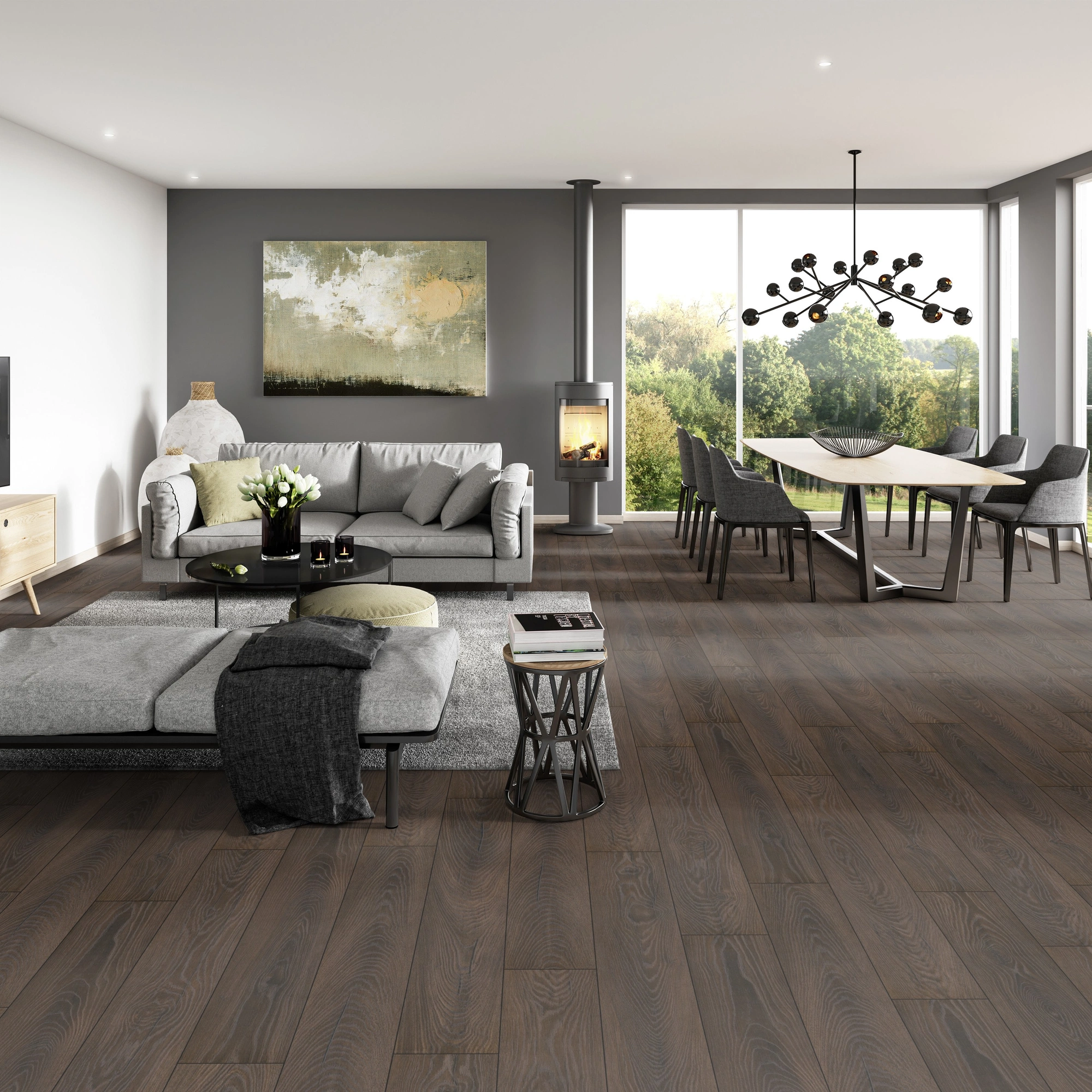 Milieubild Modernes Wohnzimmer mit Essbereich - ter Hürne Klick-Designboden Dureco Strong Classic Edition Eiche Cocoa Milieubild Modernes Wohnzimmer mit Essbereich - ter Hürne 1101260049