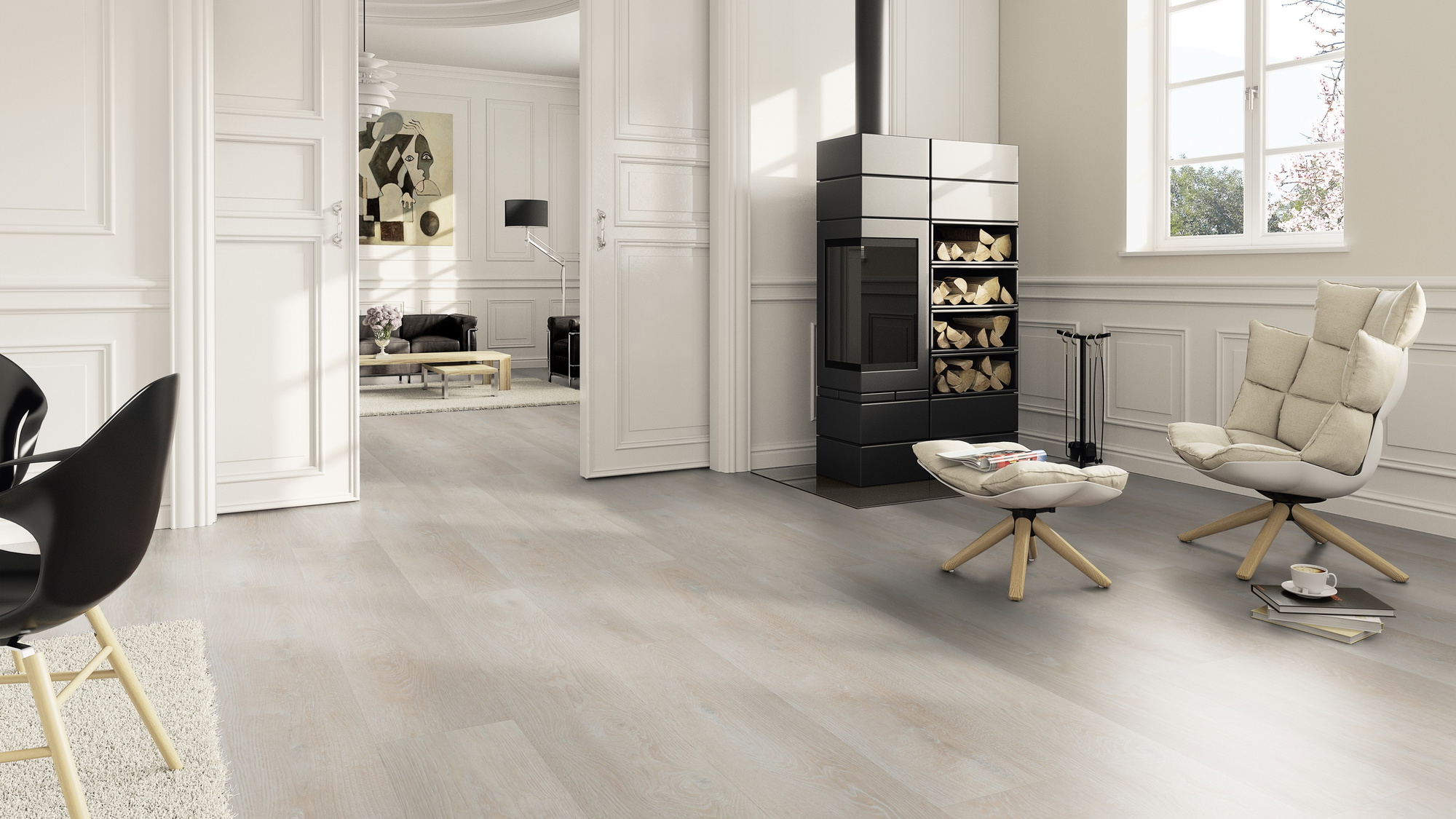 Milieubild Wohnzimmer im Landhaus-Stil mit Kamin - ter Hürne Klebe-Vinyl Pro Classic Edition Eiche Stockholm Milieubild Wohnzimmer im Landhaus-Stil mit Kamin - ter Hürne 1101210427