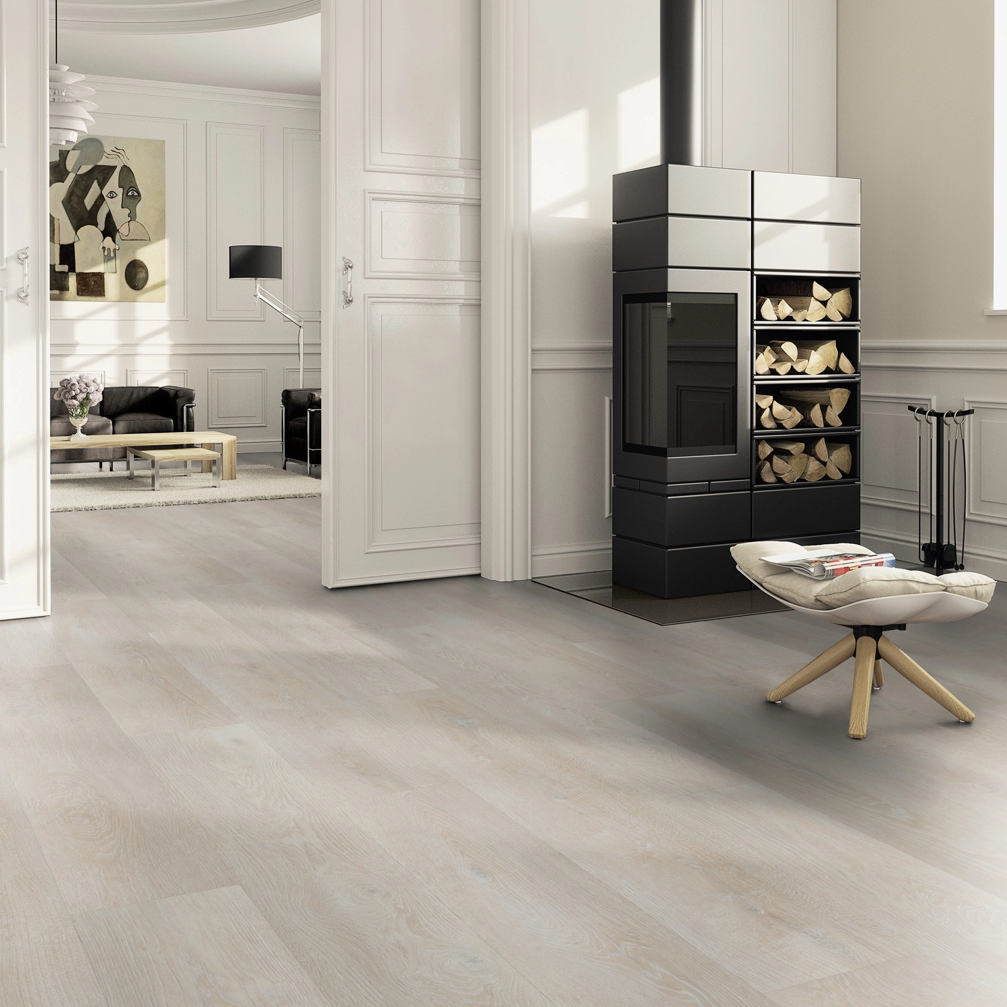 Milieubild Wohnzimmer im Landhaus-Stil mit Kamin - ter Hürne Klebe-Vinyl Pro Classic Edition Eiche Stockholm Milieubild Wohnzimmer im Landhaus-Stil mit Kamin - ter Hürne 1101210427