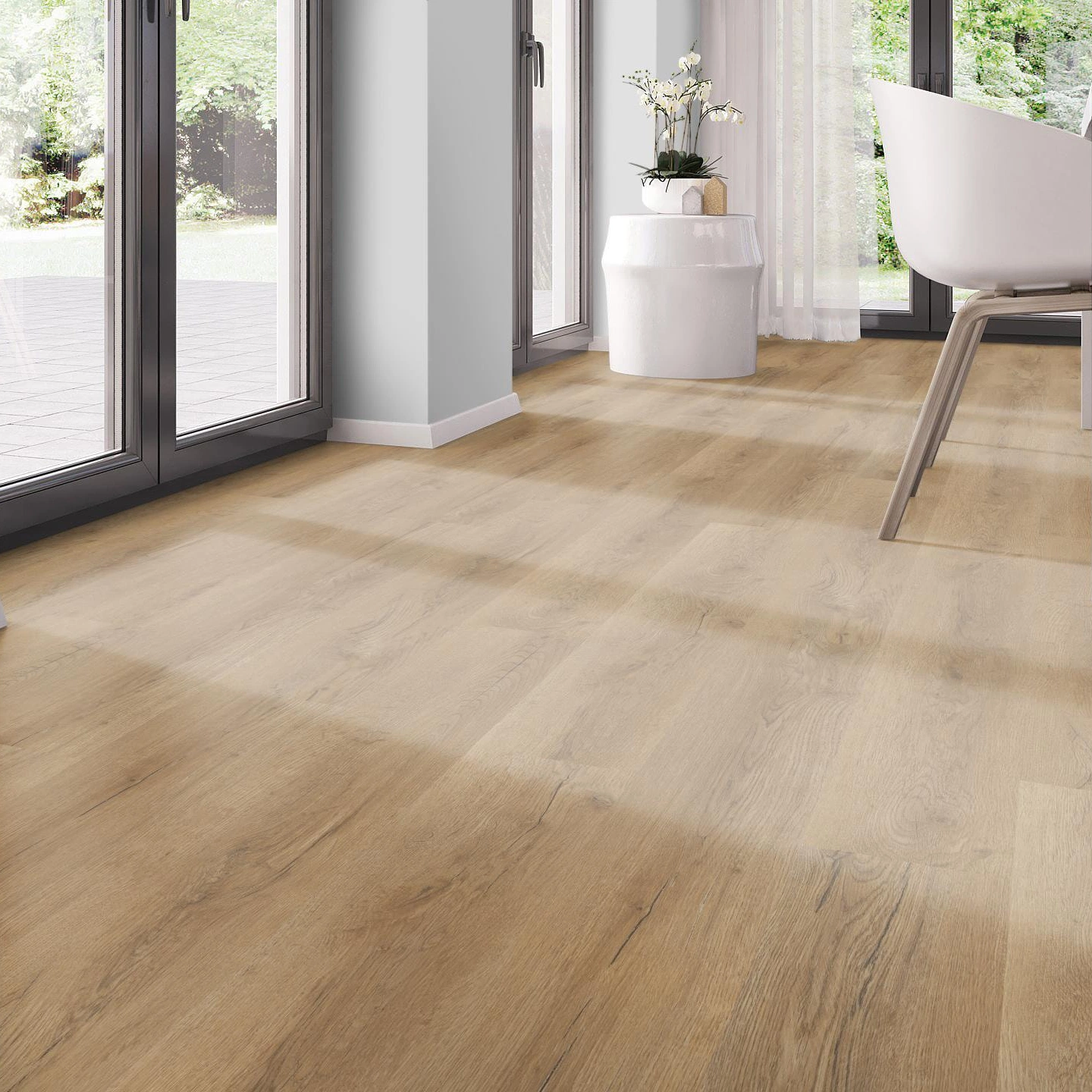 Milieubild Modernes Esszimmer - bodentiefe Perspektive - nexflor Rigid Klick-Vinyl Apollo Click Collection Naxos Oak Milieubild Modernes Esszimmer - bodentiefe Perspektive - nexflor NXF-60030-018