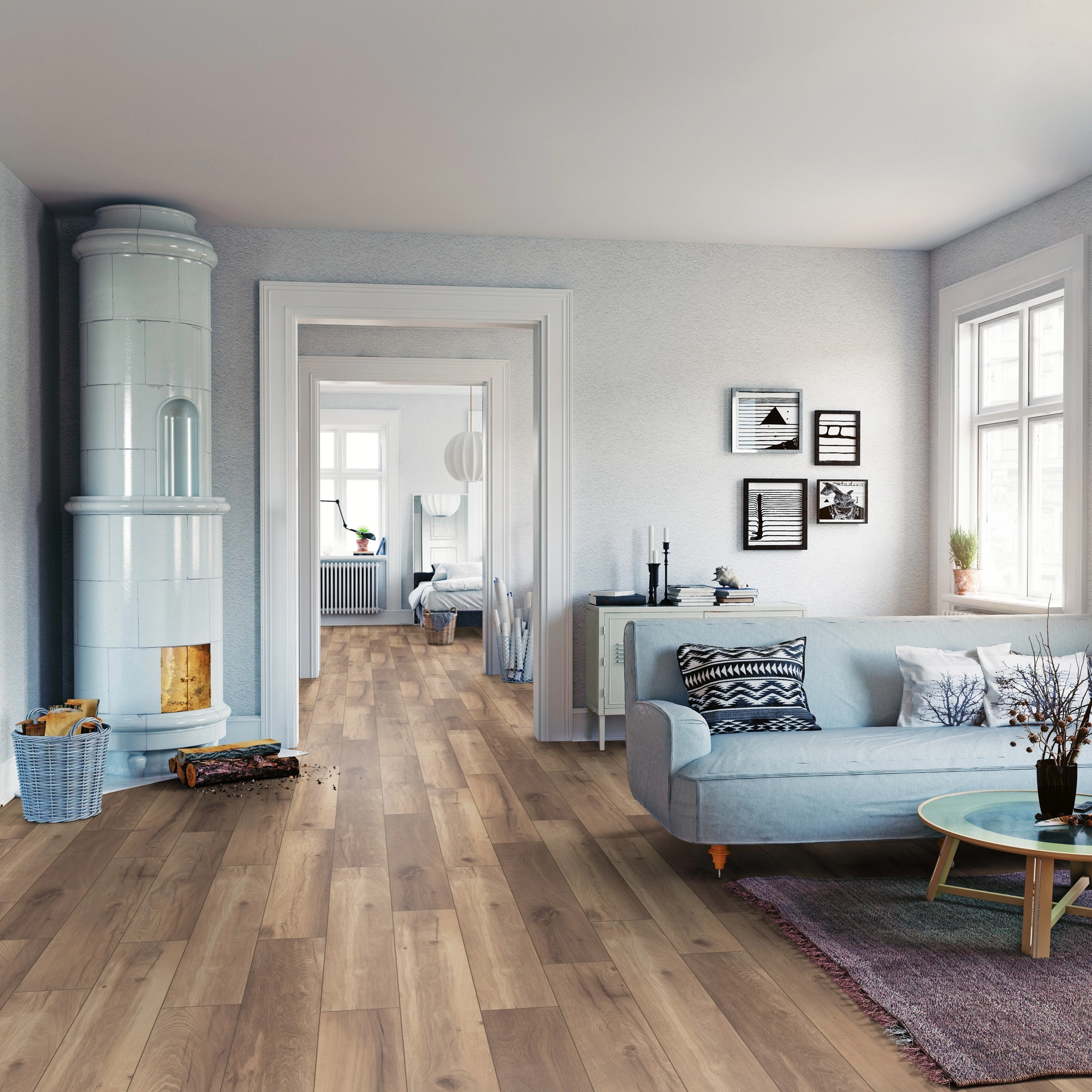 Milieubild Wohnzimmer mit Sofa und Kachelofen - ter Hürne Klick-Designboden Dureco Strong Classic Edition Eiche Madeira Milieubild Wohnzimmer mit Sofa und Kachelofen - ter Hürne 1101260042