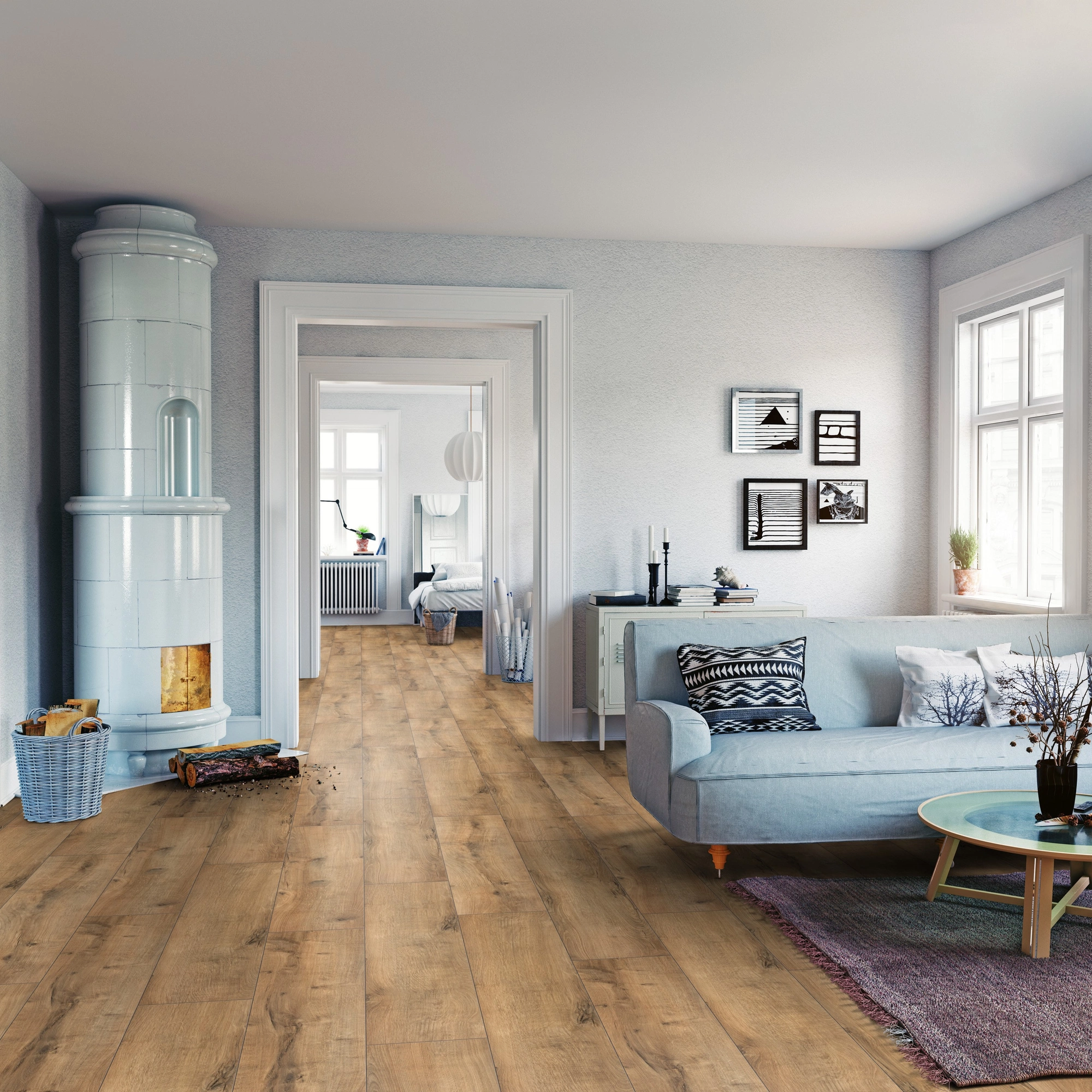 Milieubild Wohnzimmer mit Sofa und Kachelofen - ter Hürne Laminat Trend Edition Eiche Industrial Milieubild Wohnzimmer mit Sofa und Kachelofen - ter Hürne 1101021823