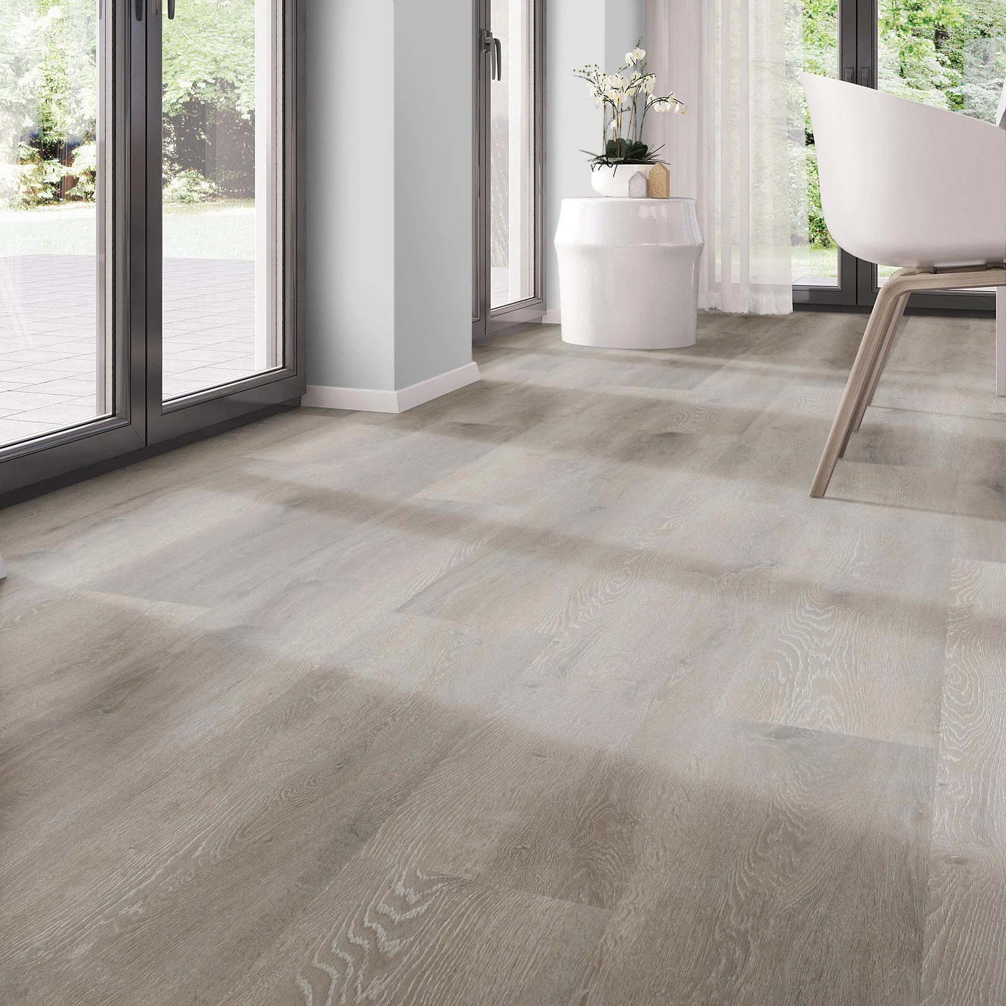 Milieubild Modernes Esszimmer - bodentiefe Perspektive - nexflor Rigid Klick-Vinyl Helios Click Collection Marathon Oak Milieubild Modernes Esszimmer - bodentiefe Perspektive - nexflor NXF-20030-003
