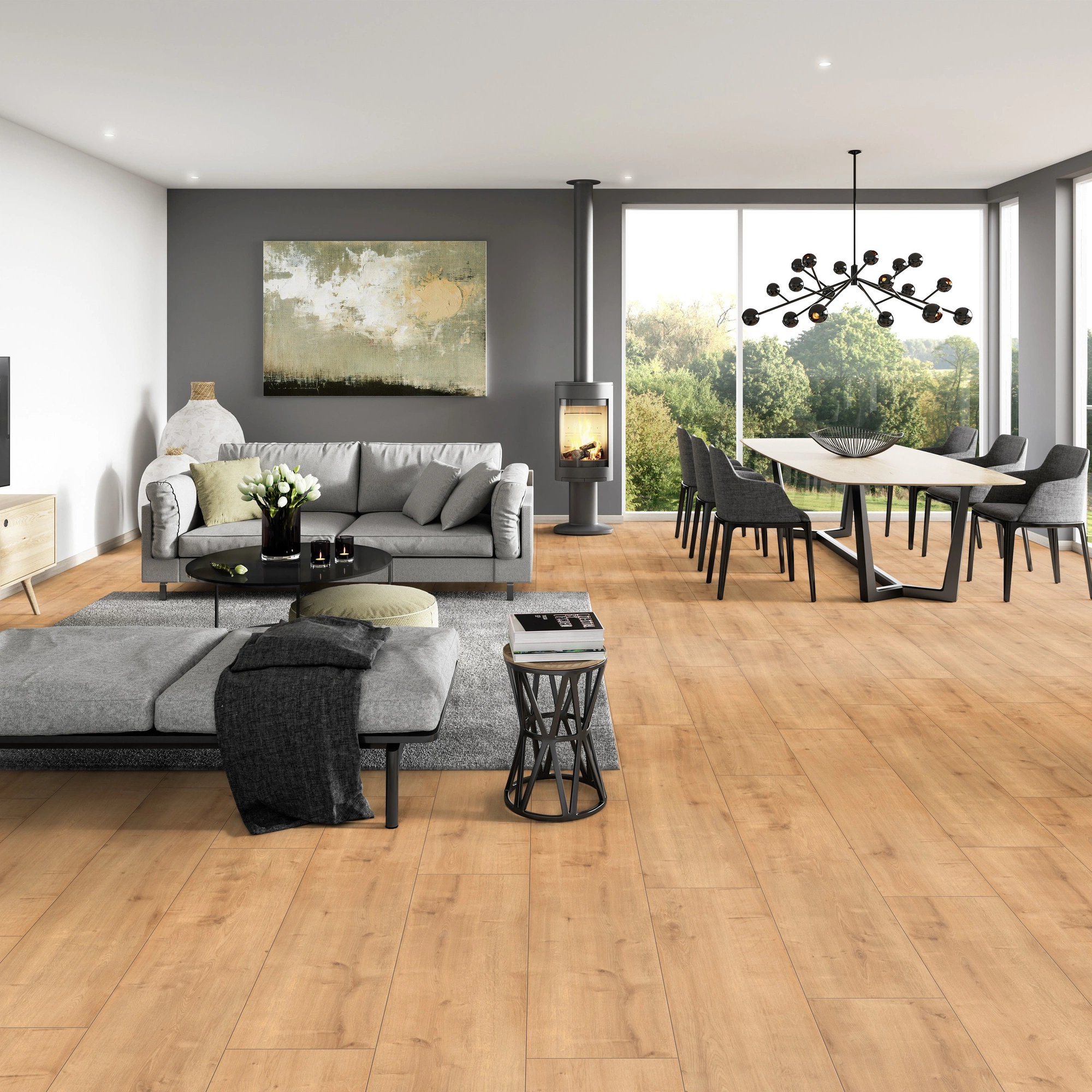 Milieubild Modernes Wohnzimmer mit Essbereich - ter Hürne Laminat Trend Edition Eiche Boho Milieubild Modernes Wohnzimmer mit Essbereich - ter Hürne 1101021822