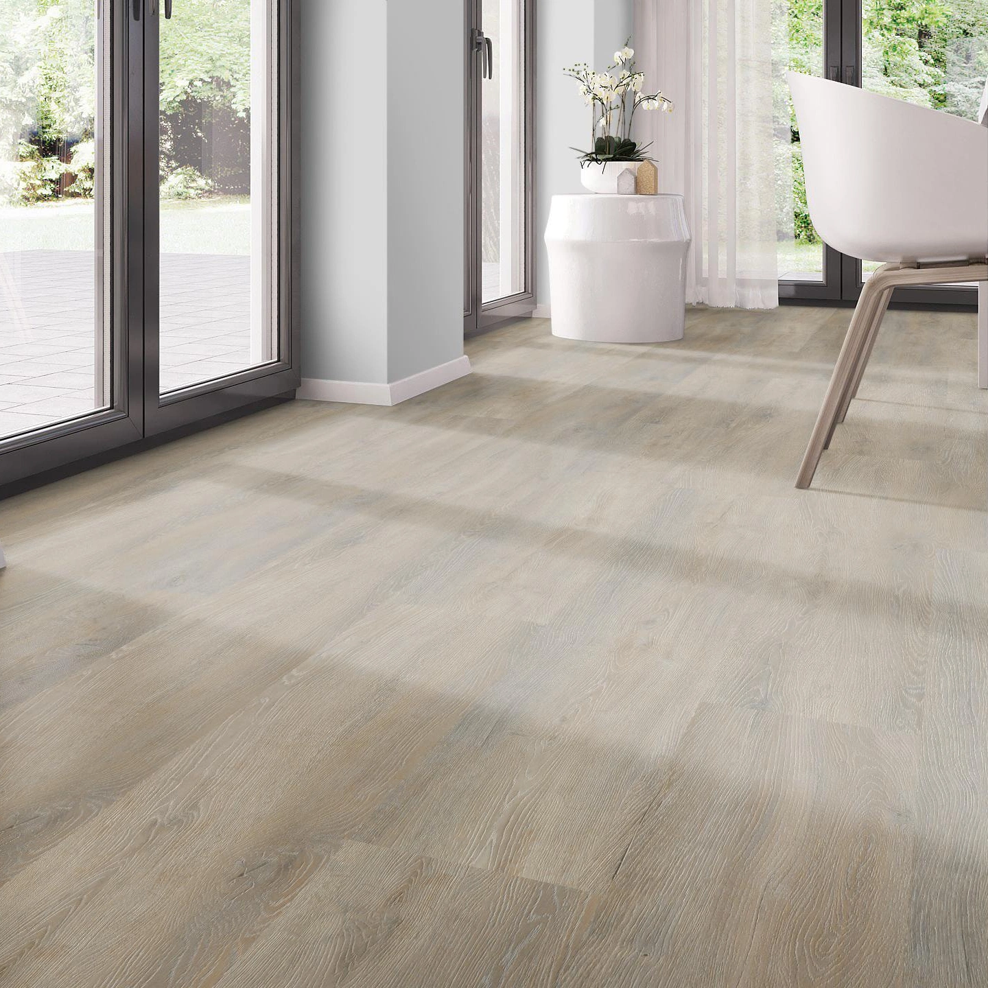 Milieubild Modernes Esszimmer - bodentiefe Perspektive - nexflor Rigid Klick-Vinyl Helios Click Collection Alexandria Oak Milieubild Modernes Esszimmer - bodentiefe Perspektive - nexflor NXF-20030-006