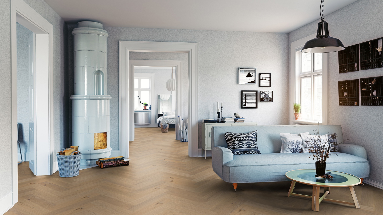 Milieubild Wohnzimmer mit Sofa und Kachelofen - Thede & Witte 52MSÖNF15EI53