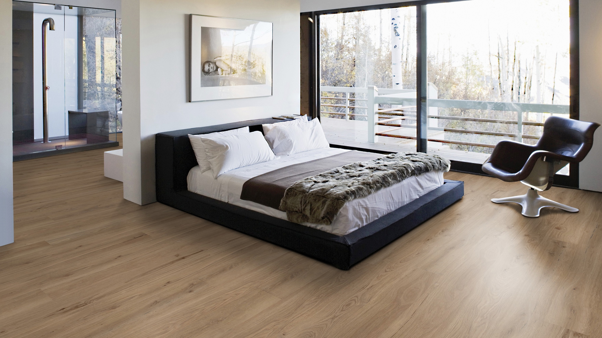 Milieubild Schlafzimmer mit Balkon - Wicanders Wise HDF Klick-Designboden wood Natural XL Dakota Oak Milieubild Schlafzimmer mit Balkon - Wicanders Wise 80003661