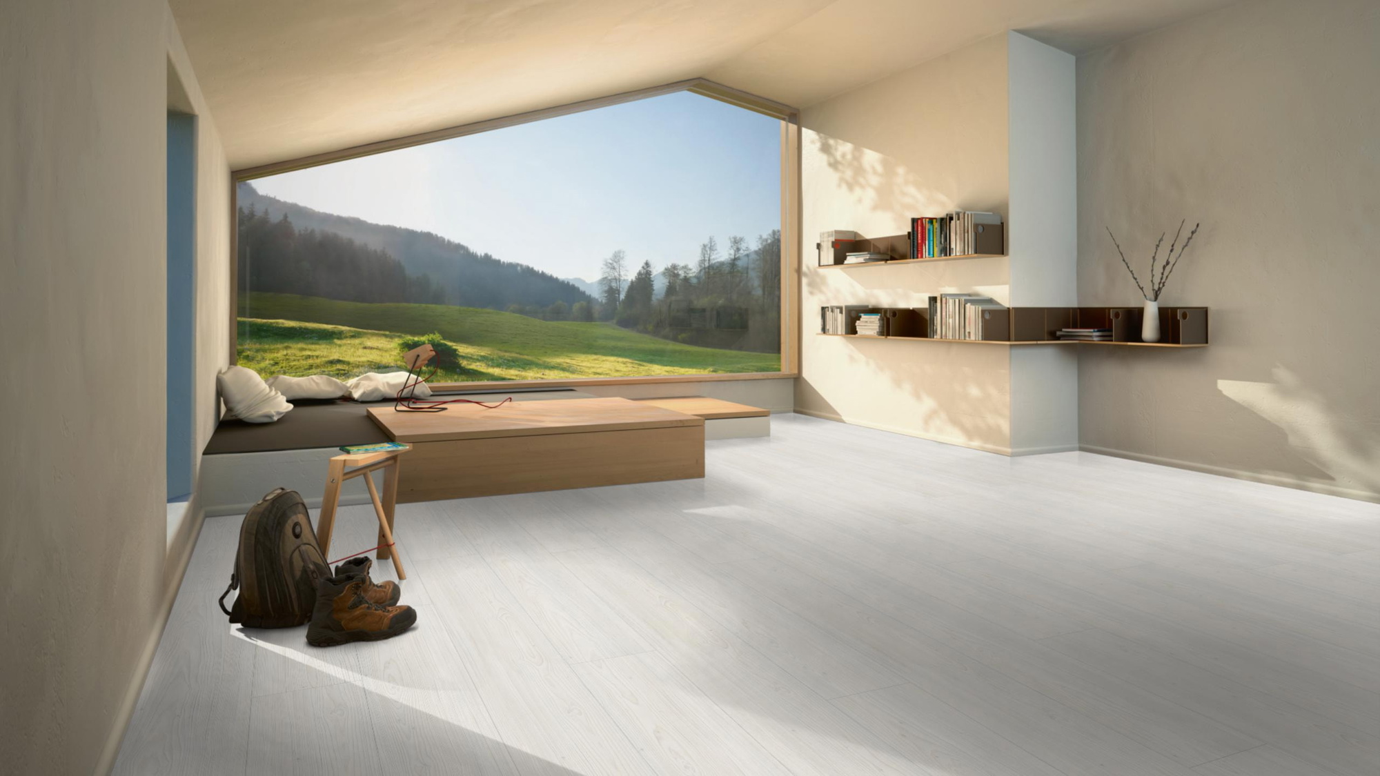 Milieubild Moderne Hütte mit Blick in die Natur - Parador HDF Klick-Designboden Modular ONE Lärche Apollo weiß Milieubild Moderne Hütte mit Blick in die Natur - Parador 1748728