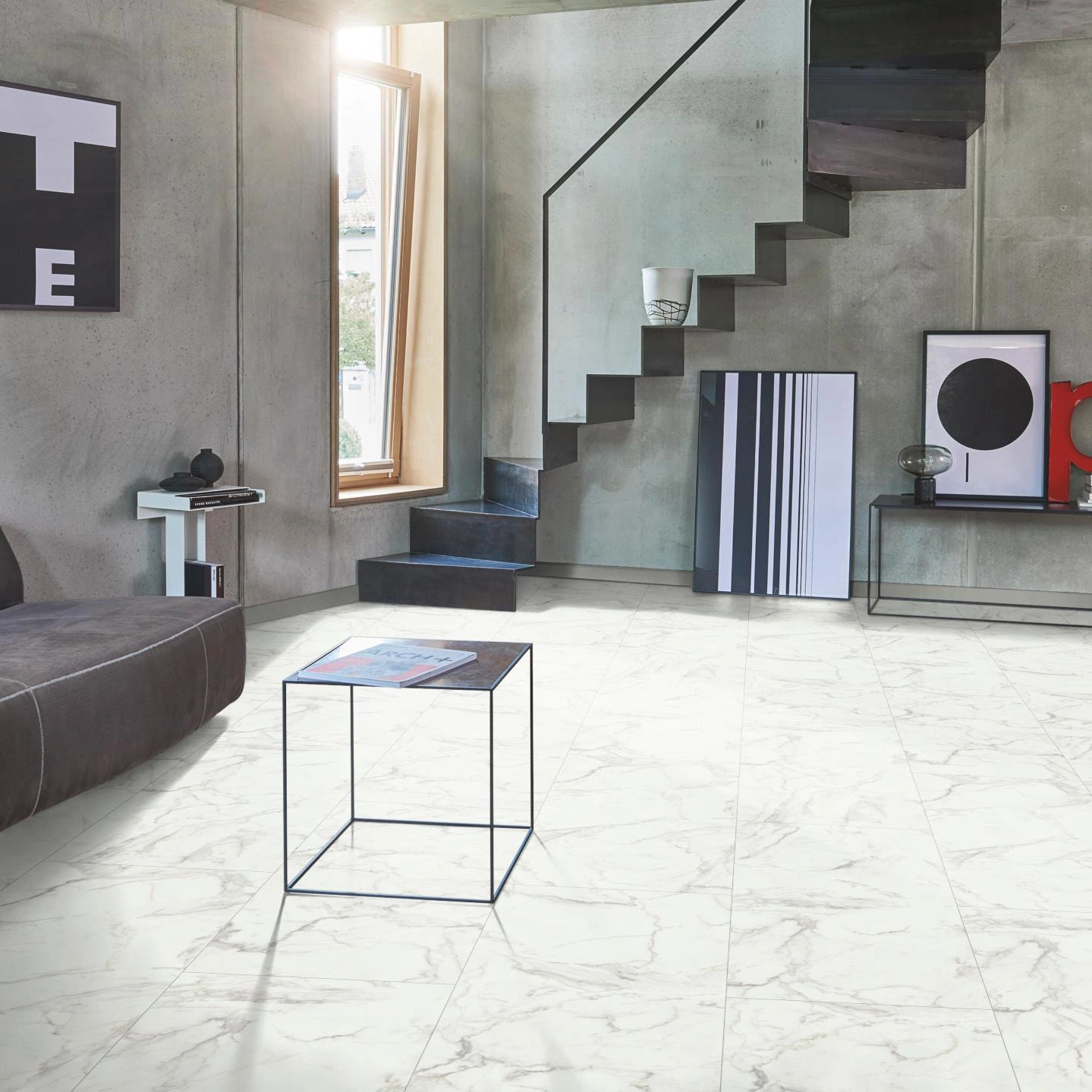 Milieubild Wohnzimmer im modernen Loft-Stil - Parador HDF Klick-Designboden Modular ONE Mamor Eos weiß Milieubild Wohnzimmer im modernen Loft-Stil - Parador 1748733