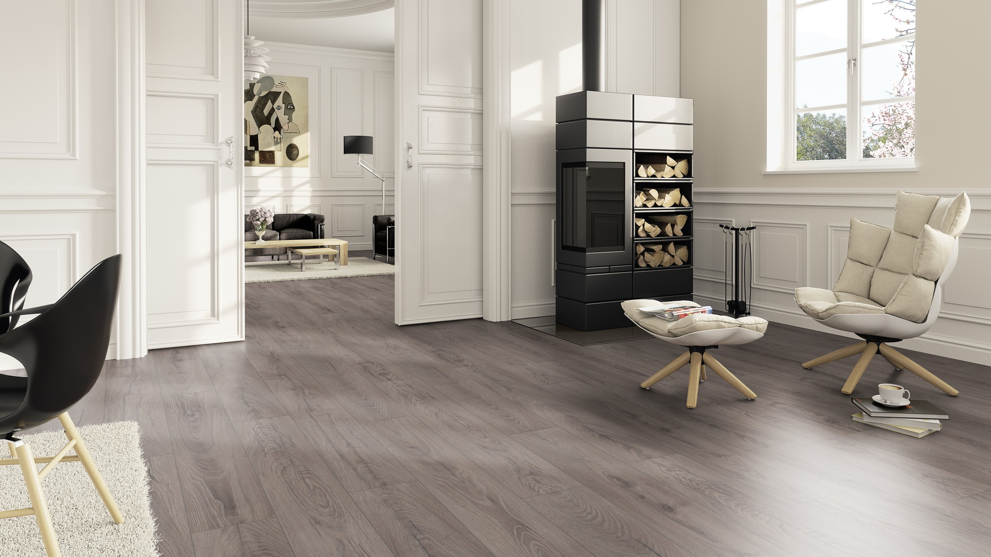Milieubild Wohnzimmer im Landhaus-Stil mit Kamin - ter Hürne HDF Klick-Designboden Dureco Silent Classic Edition Eiche Negros Milieubild Wohnzimmer im Landhaus-Stil mit Kamin - ter Hürne 1101330006