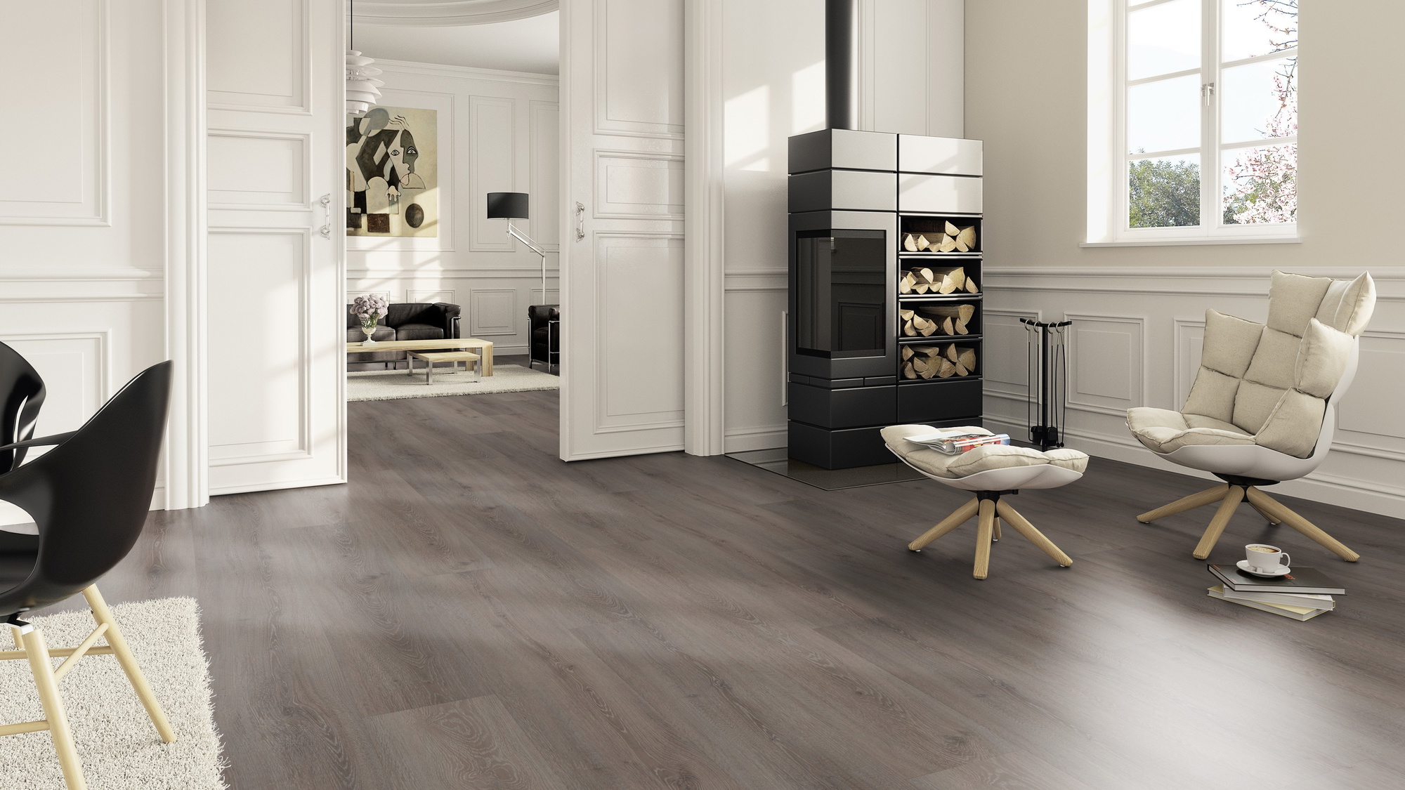 Milieubild Wohnzimmer im Landhaus-Stil mit Kamin - ter Hürne Klebe-Vinyl Pro Classic Edition Eiche Triest Milieubild Wohnzimmer im Landhaus-Stil mit Kamin - ter Hürne 1101210432