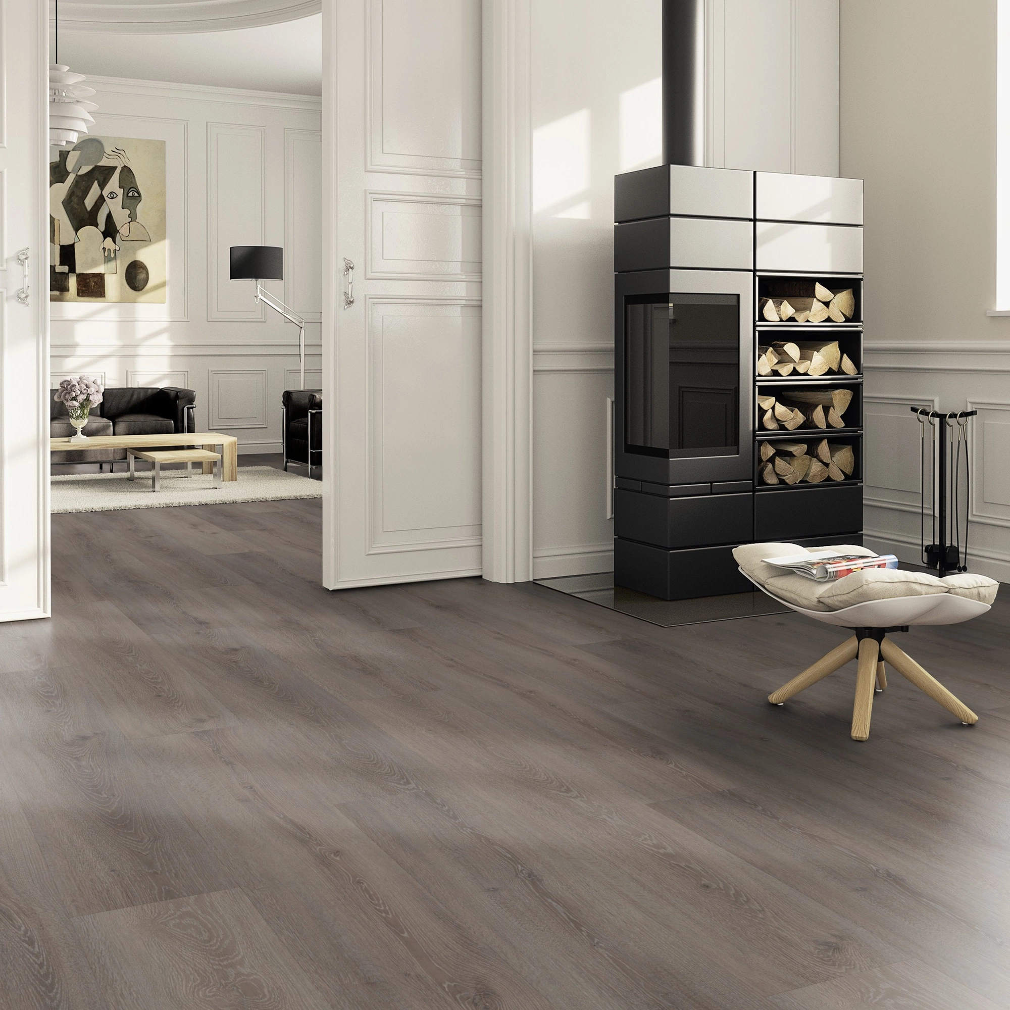 Milieubild Wohnzimmer im Landhaus-Stil mit Kamin - ter Hürne Klebe-Vinyl Pro Classic Edition Eiche Triest Milieubild Wohnzimmer im Landhaus-Stil mit Kamin - ter Hürne 1101210432