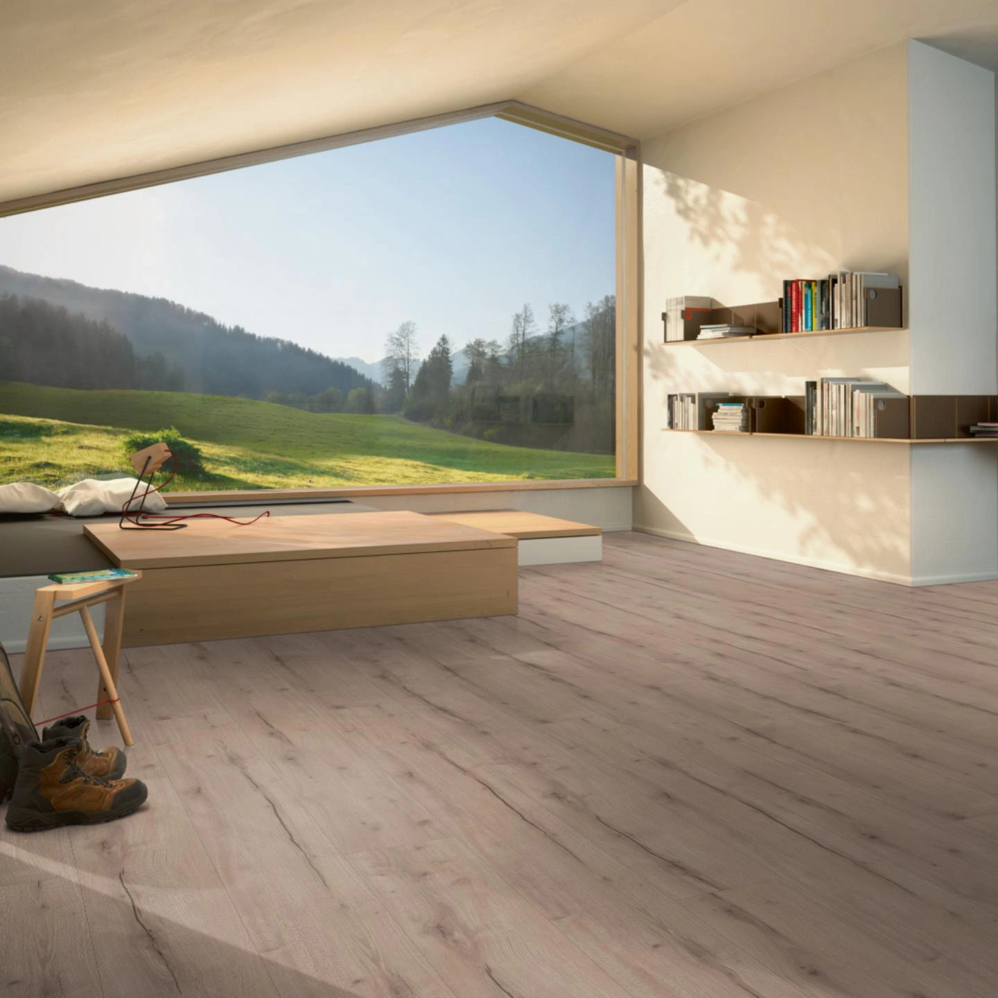 Milieubild Moderne Hütte mit Blick in die Natur - Parador HDF Klick-Designboden Modular ONE Eiche Helios grau Milieubild Moderne Hütte mit Blick in die Natur - Parador 1748726