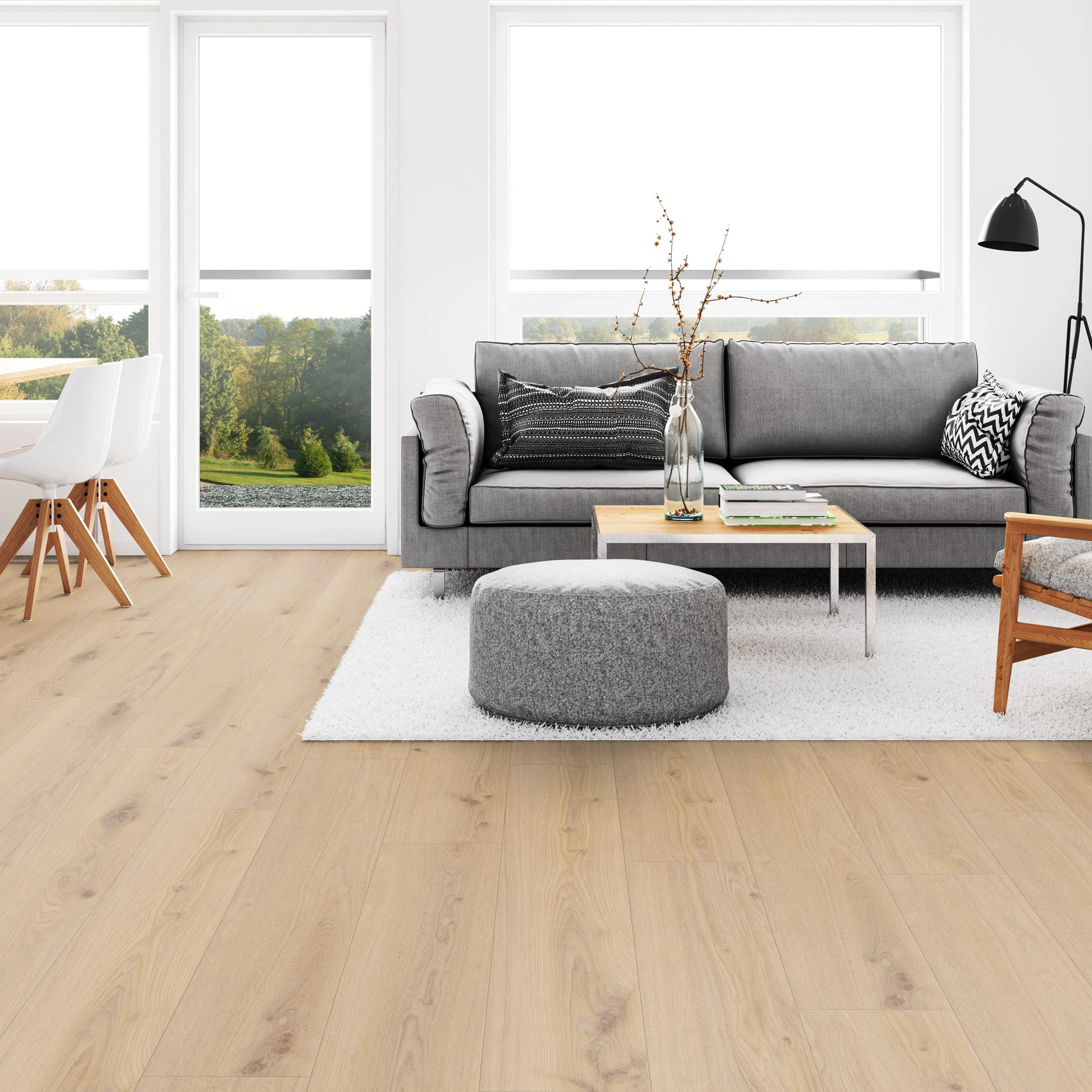 Milieubild Wohnzimmer mit Esszimmer - Tarkett Klebe-Vinyl Essence 55 Primary Oak Beige Milieubild Wohnzimmer mit Esszimmer - Tarkett 260053003