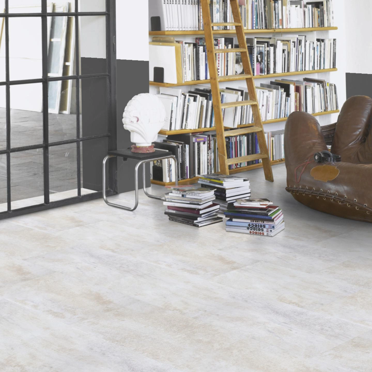 Milieubild Modernes Wohnzimmer mit Atelier - Parador Klebe-Vinyl Trendtime 5 Dryback Dolomit weiß Milieubild Modernes Wohnzimmer mit Atelier - Parador 1750856