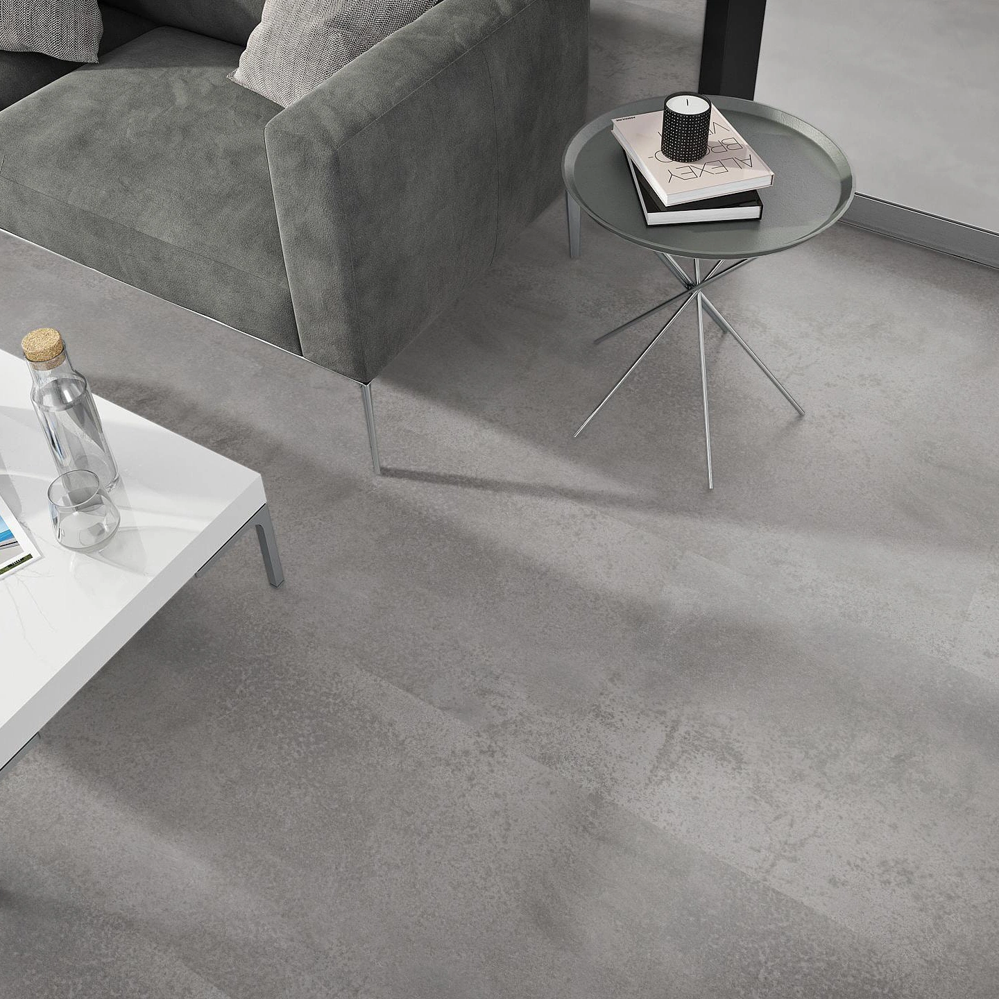 Milieubild Wohnzimmer - Sofa mit Beistelltisch und Glastür - nexflor Klebe-Vinyl Oreios Collection Pelion Milieubild Wohnzimmer - Sofa mit Beistelltisch und Glastür - nexflor NXF-51030-004