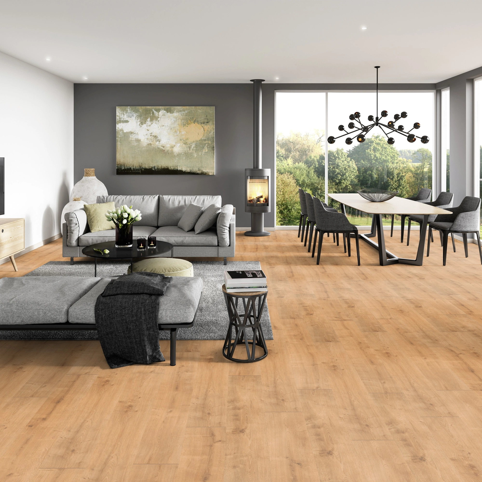 Milieubild Modernes Wohnzimmer mit Essbereich - ter Hürne Laminat Classic Edition Eiche Burger Grill Milieubild Modernes Wohnzimmer mit Essbereich - ter Hürne 1101021834