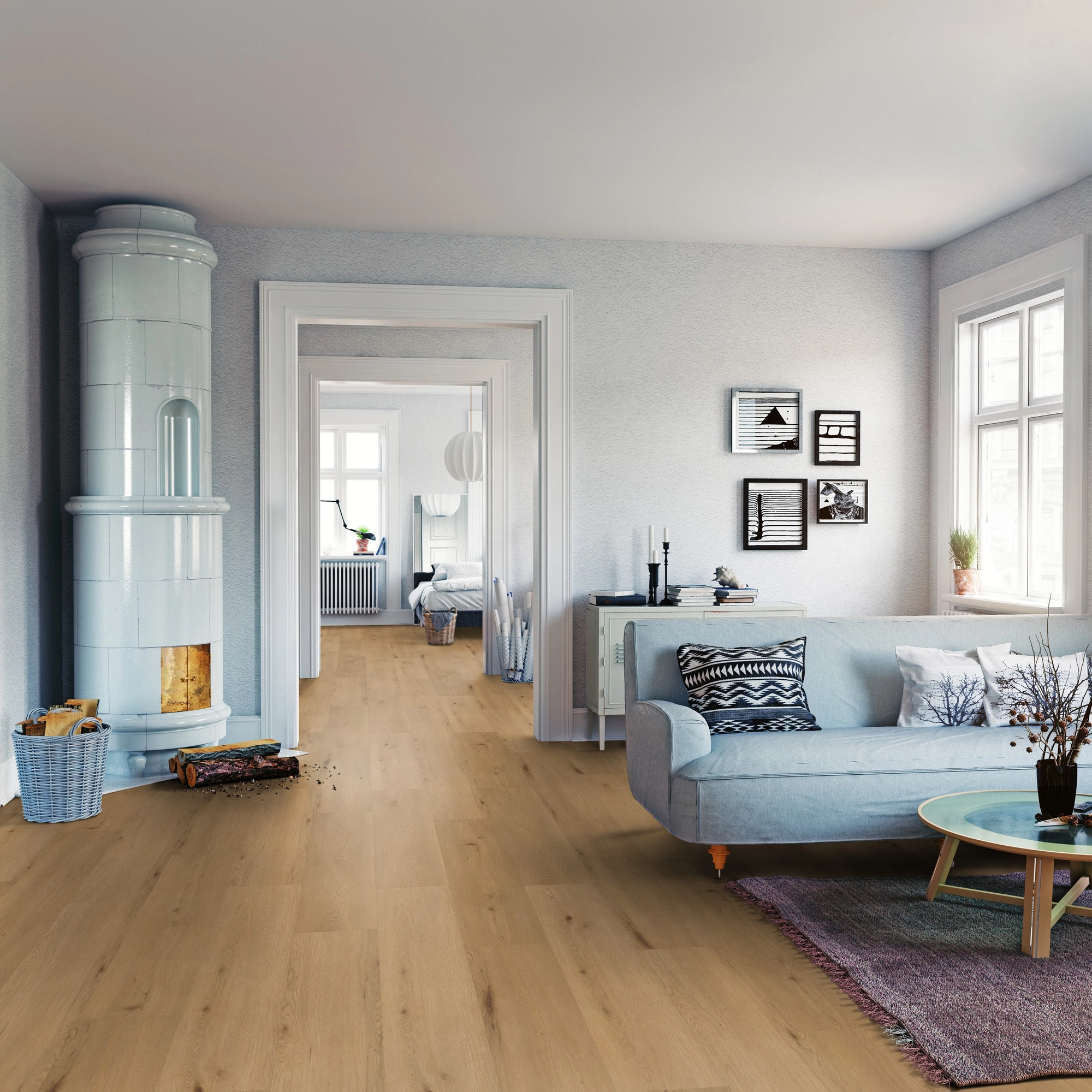 Milieubild Wohnzimmer mit Sofa und Kachelofen - ter Hürne Klebe-Vinyl Pro Classic Edition Eiche Lyon Milieubild Wohnzimmer mit Sofa und Kachelofen - ter Hürne 1101210424