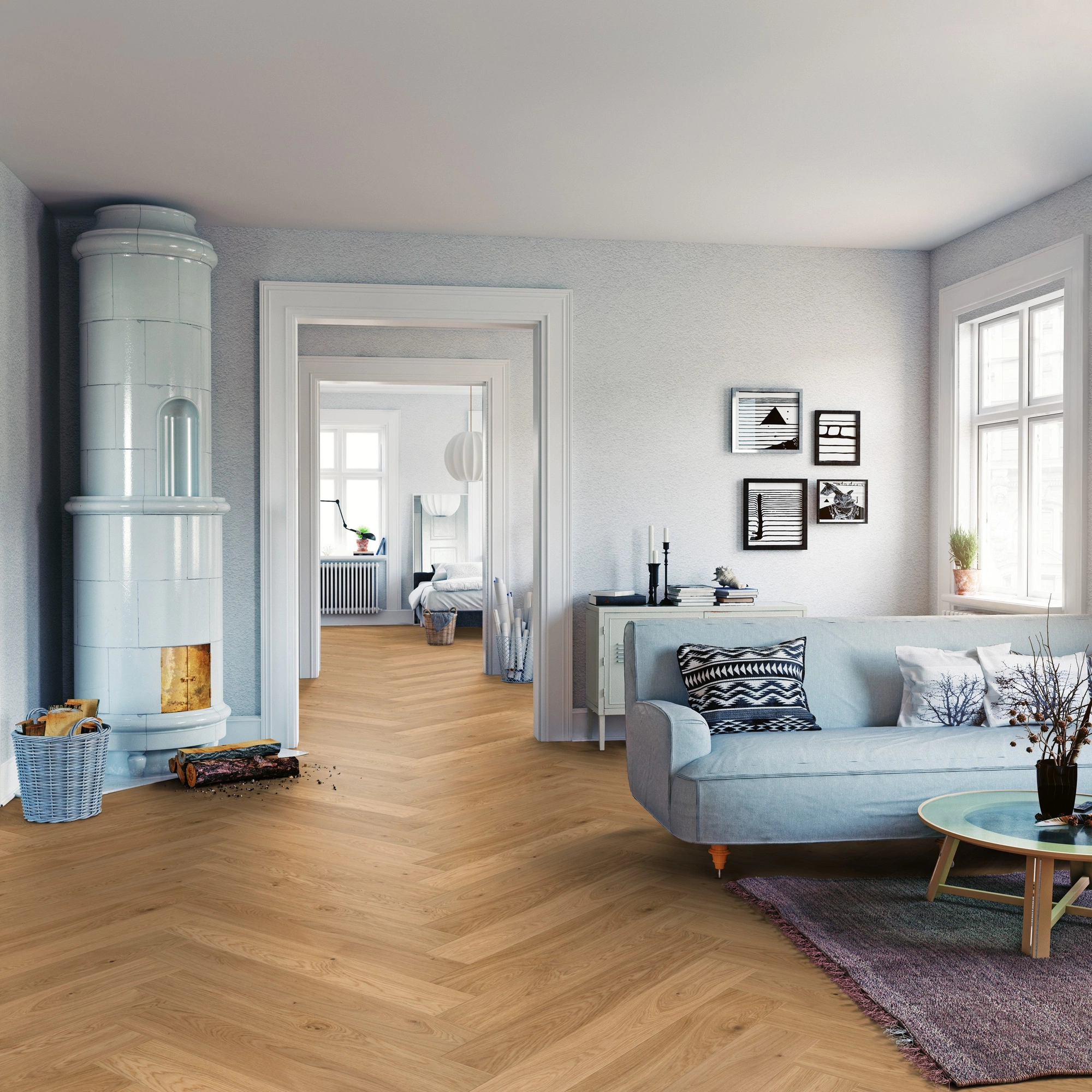 Milieubild Wohnzimmer mit Sofa und Kachelofen - ter Hürne Parkett Light Collection OLIO Eiche Tropez Milieubild Wohnzimmer mit Sofa und Kachelofen - ter Hürne 1101312816