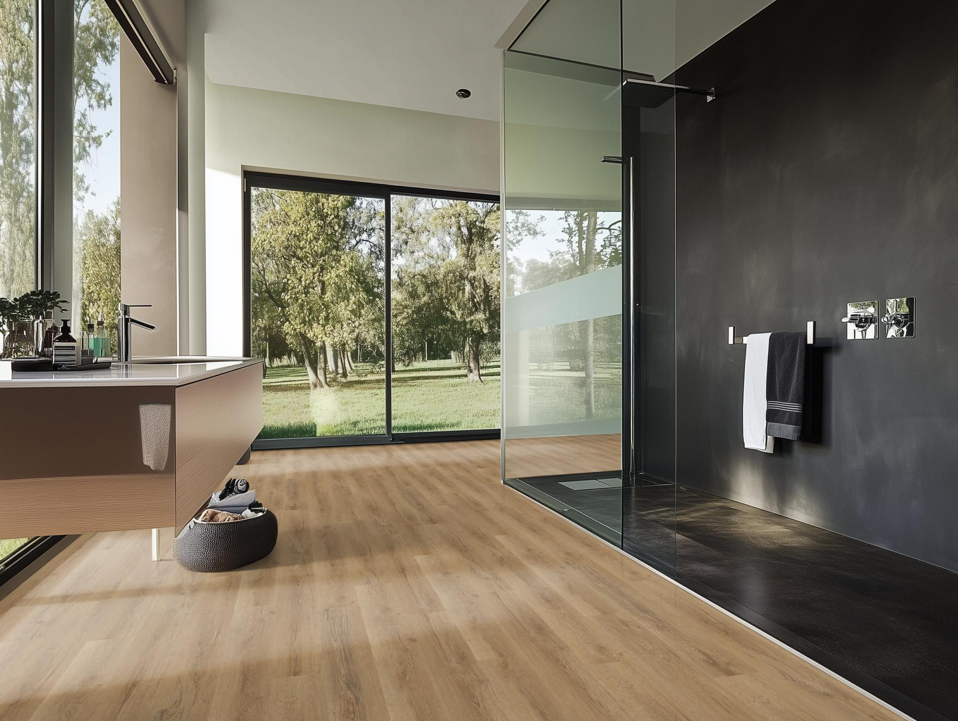Milieubild Modernes Badezimmer mit bodentiefer Dusche - nexflor Rigid Klick-Vinyl Artemis Click Collection Messene Oak Milieubild Modernes Badezimmer mit bodentiefer Dusche - nexflor NXF-80055-002