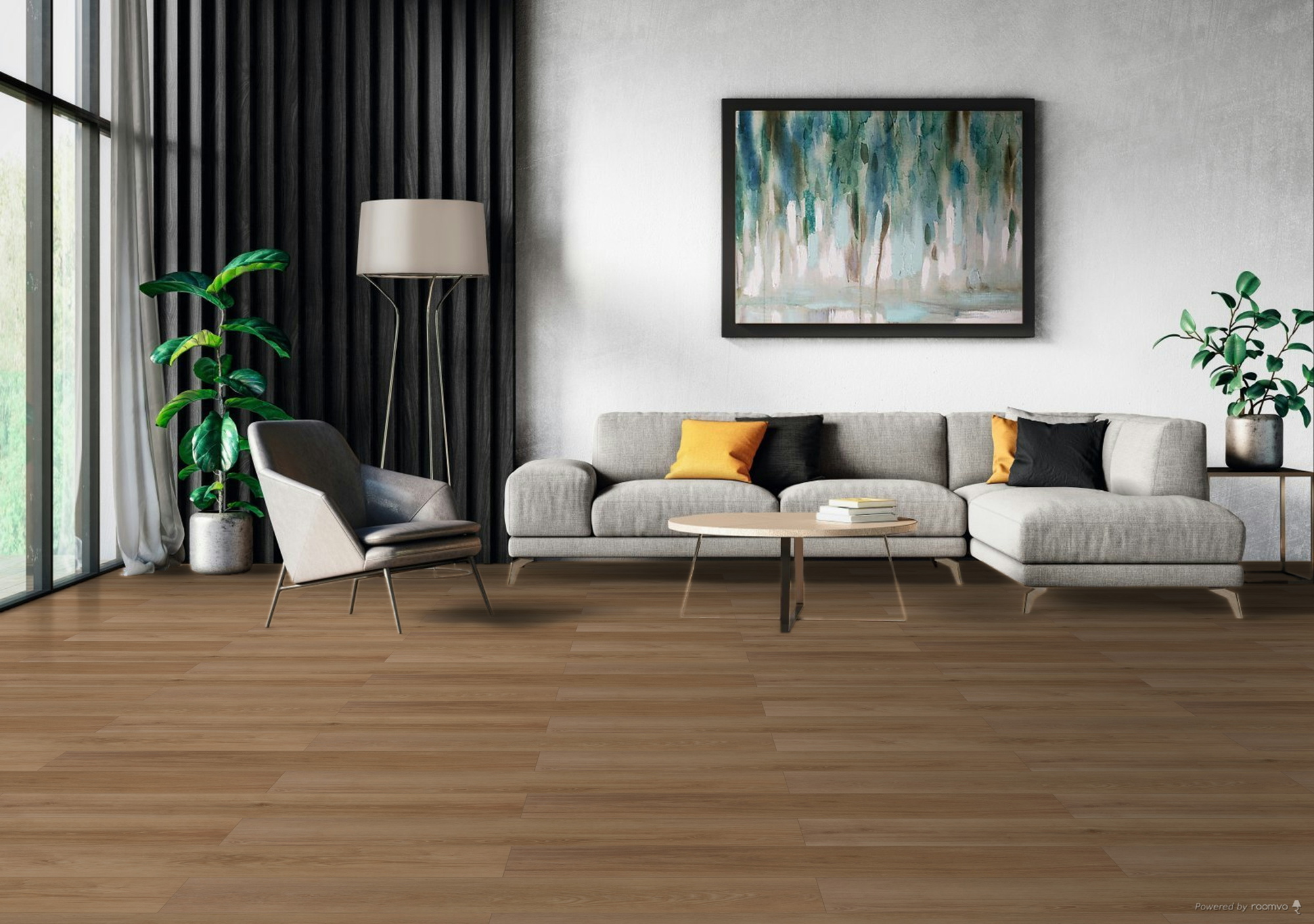 Milieubild Modernes Wohnzimmer mit Sessel und Sofa - BerryAlloc Klebe-Vinyl Zenn Gluedown 55 Monsanto Milieubild Modernes Wohnzimmer mit Sessel und Sofa - BerryAlloc 60002251