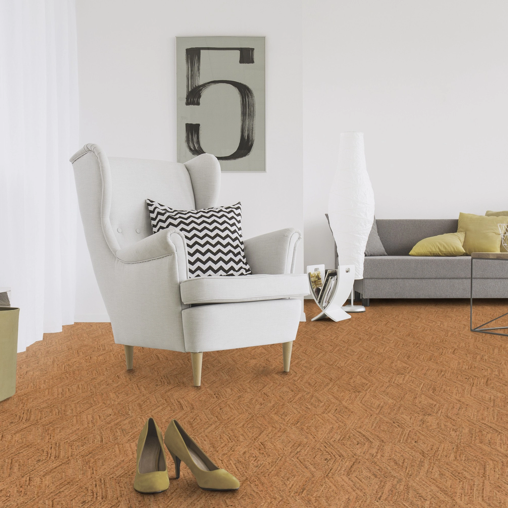 Milieubild Wohnzimmer mit Sessel und Sofa - Wicanders Wise HDF Klick-Korkboden cork Essence Novel Edge Natural Milieubild Wohnzimmer mit Sessel und Sofa - Wicanders Wise 80001300